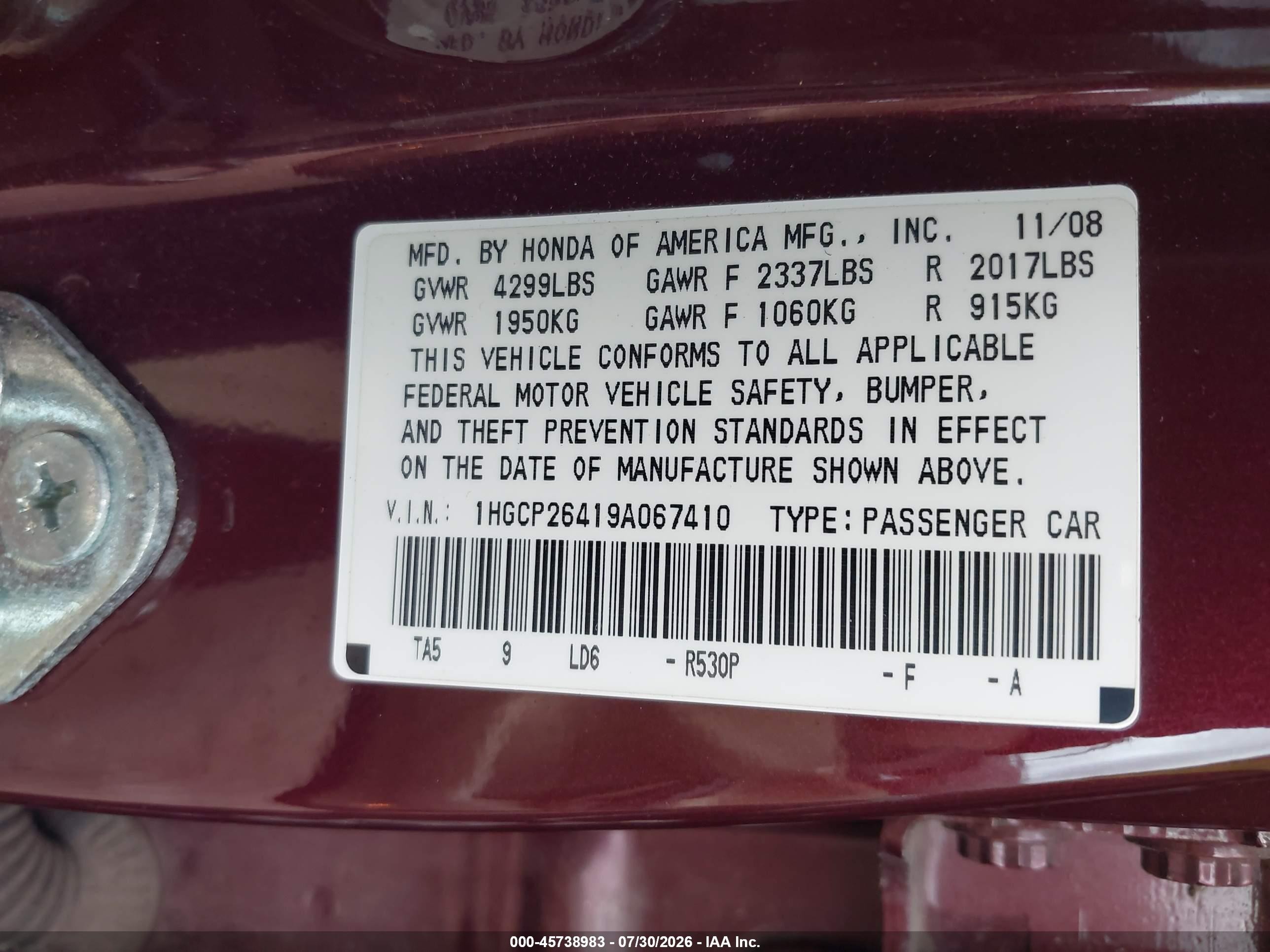 2009 Honda Accord 2.4 Lx-p Burgundy vin: 1HGCP26419A067410