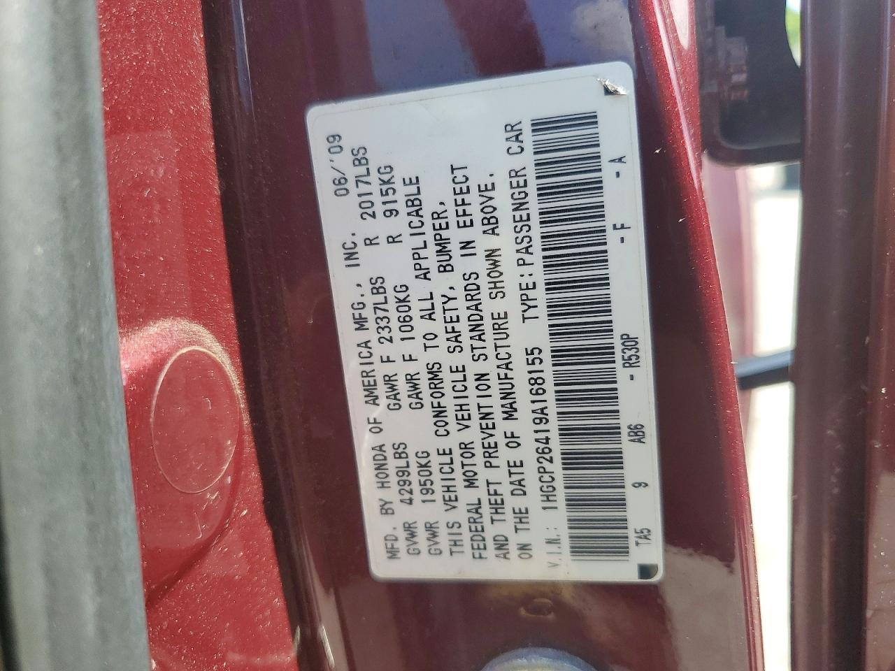 2009 Honda Accord Lxp Burgundy vin: 1HGCP26419A168155