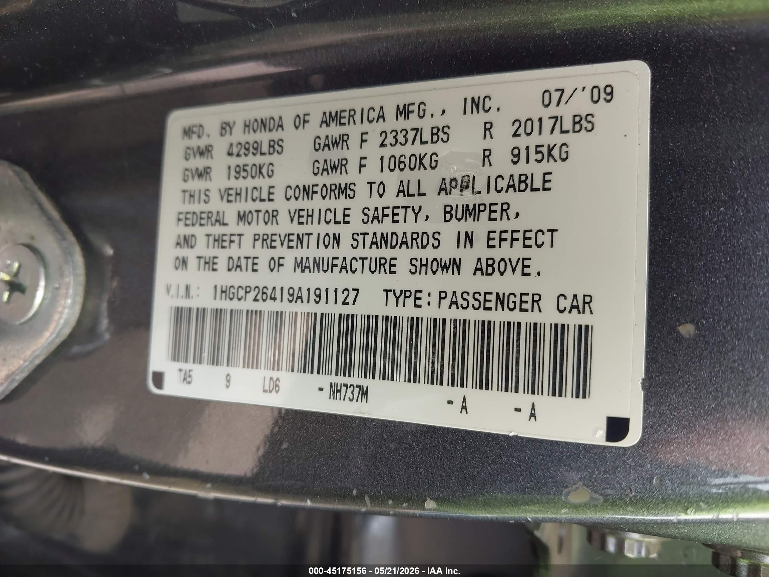 2009 Honda Accord 2.4 Lx-p Gray vin: 1HGCP26419A191127
