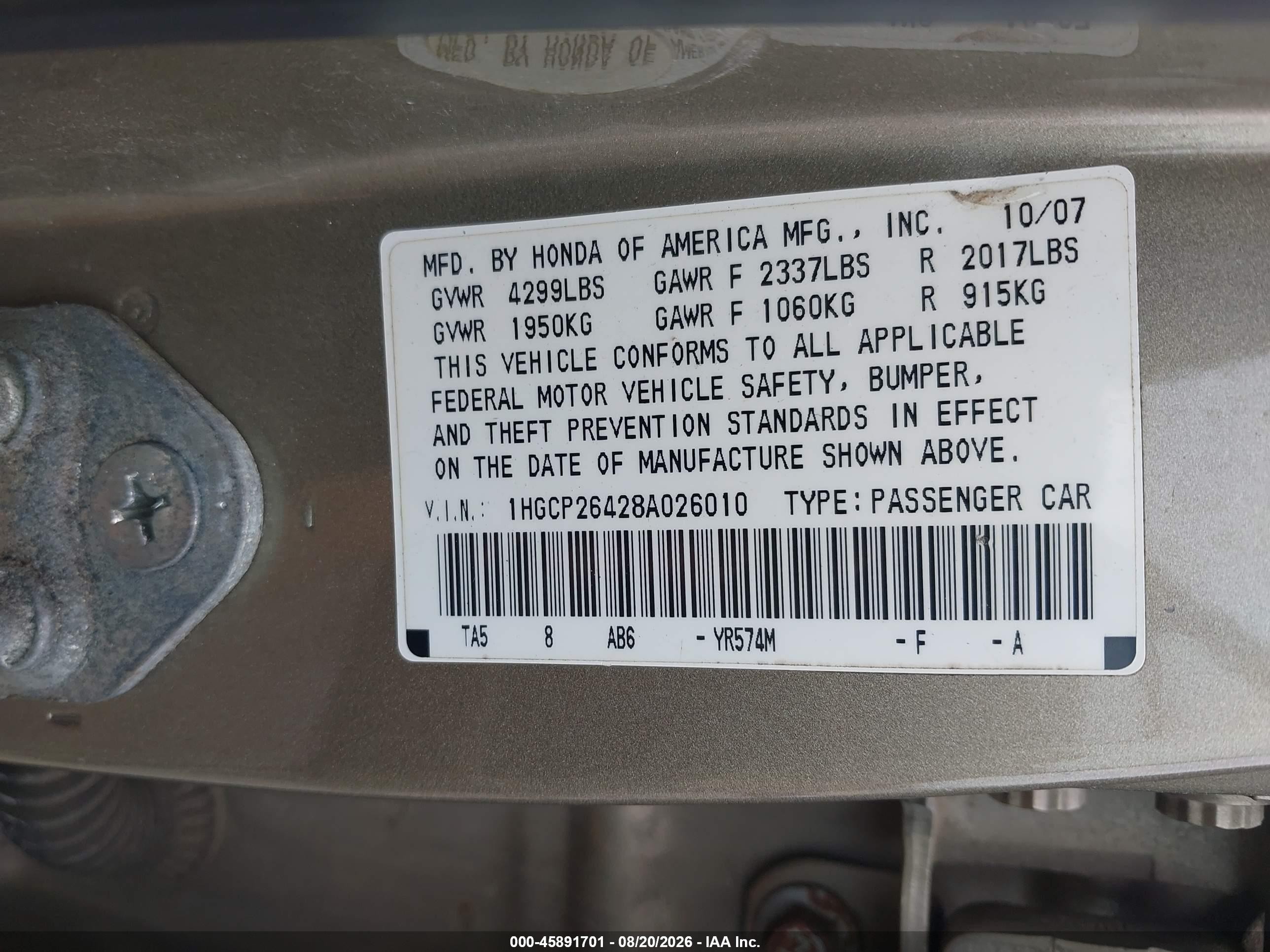 2008 Honda Accord 2.4 Lx-p Gold vin: 1HGCP26428A026010