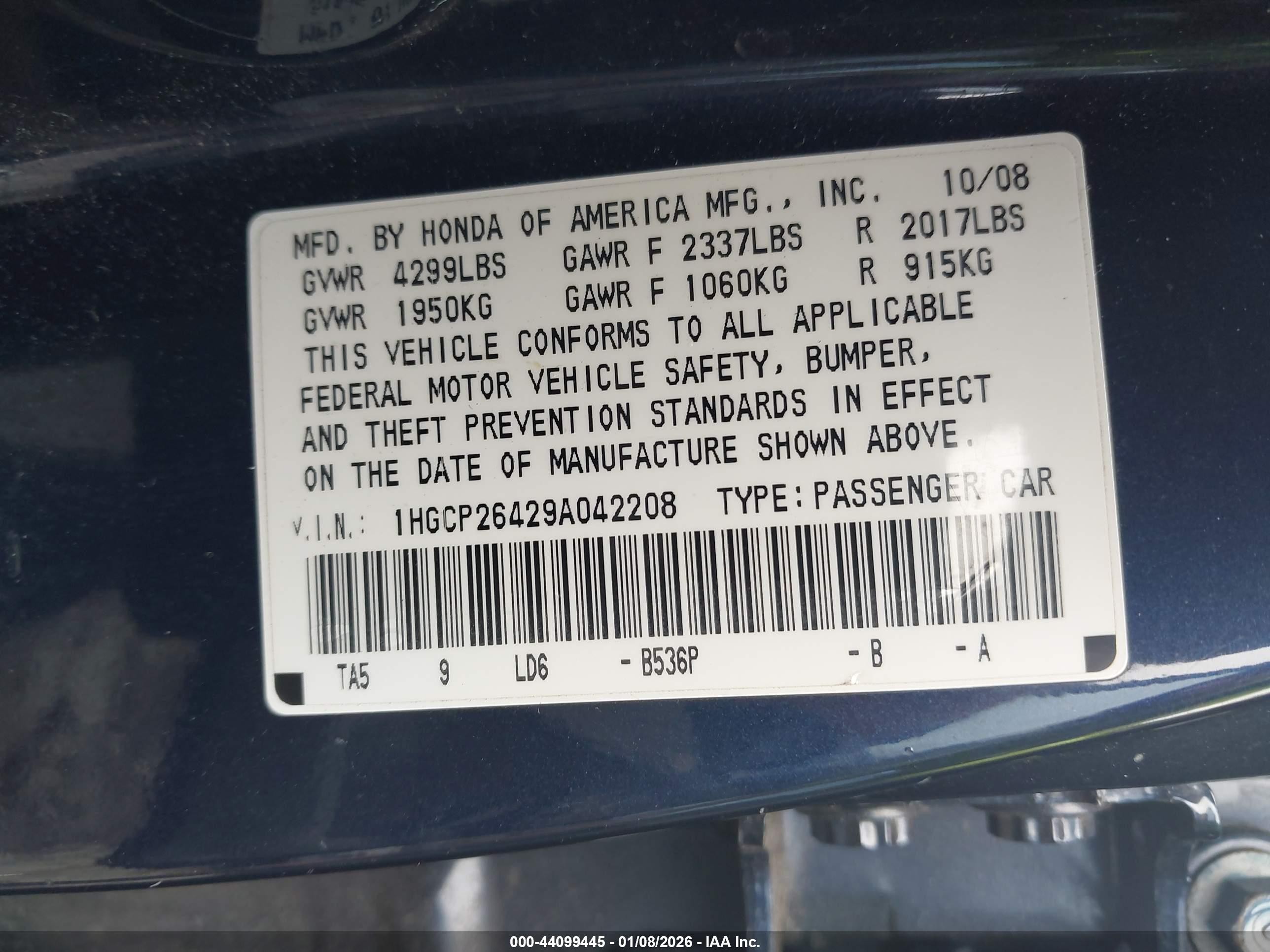 2009 Honda Accord 2.4 Lx-p Blue vin: 1HGCP26429A042208
