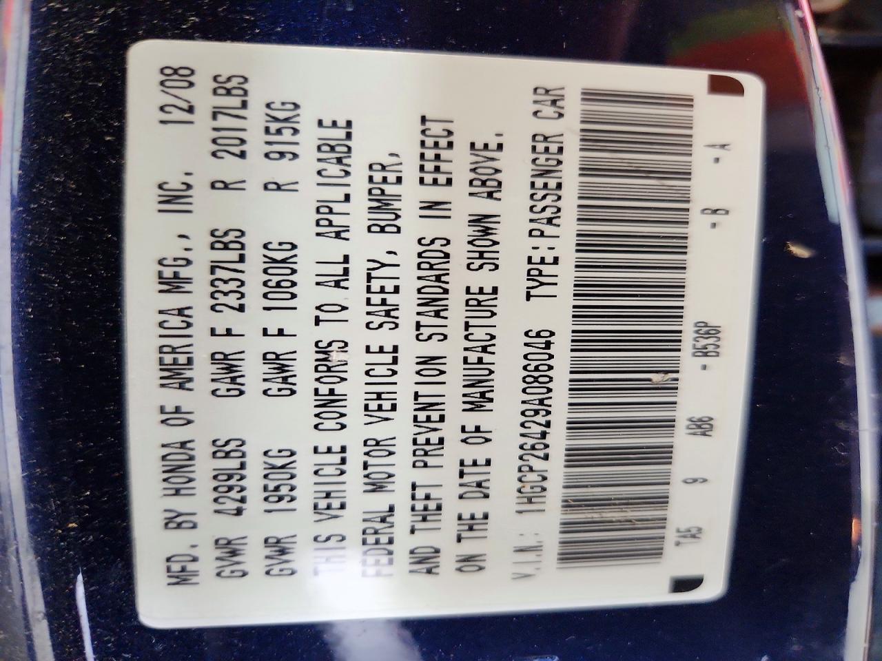 2009 Honda Accord Lxp Blue vin: 1HGCP26429A086046