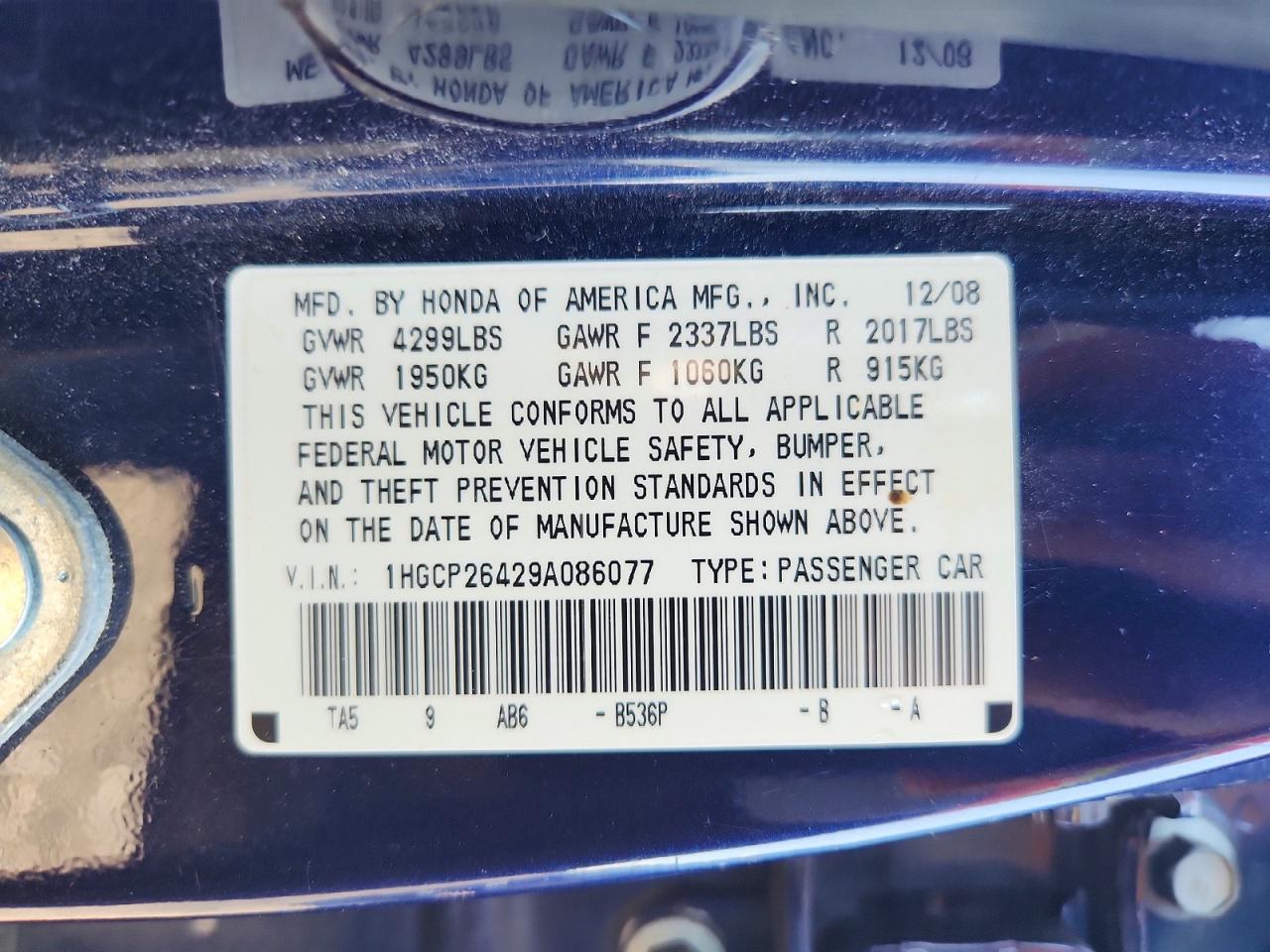2009 Honda Accord Lxp Blue vin: 1HGCP26429A086077