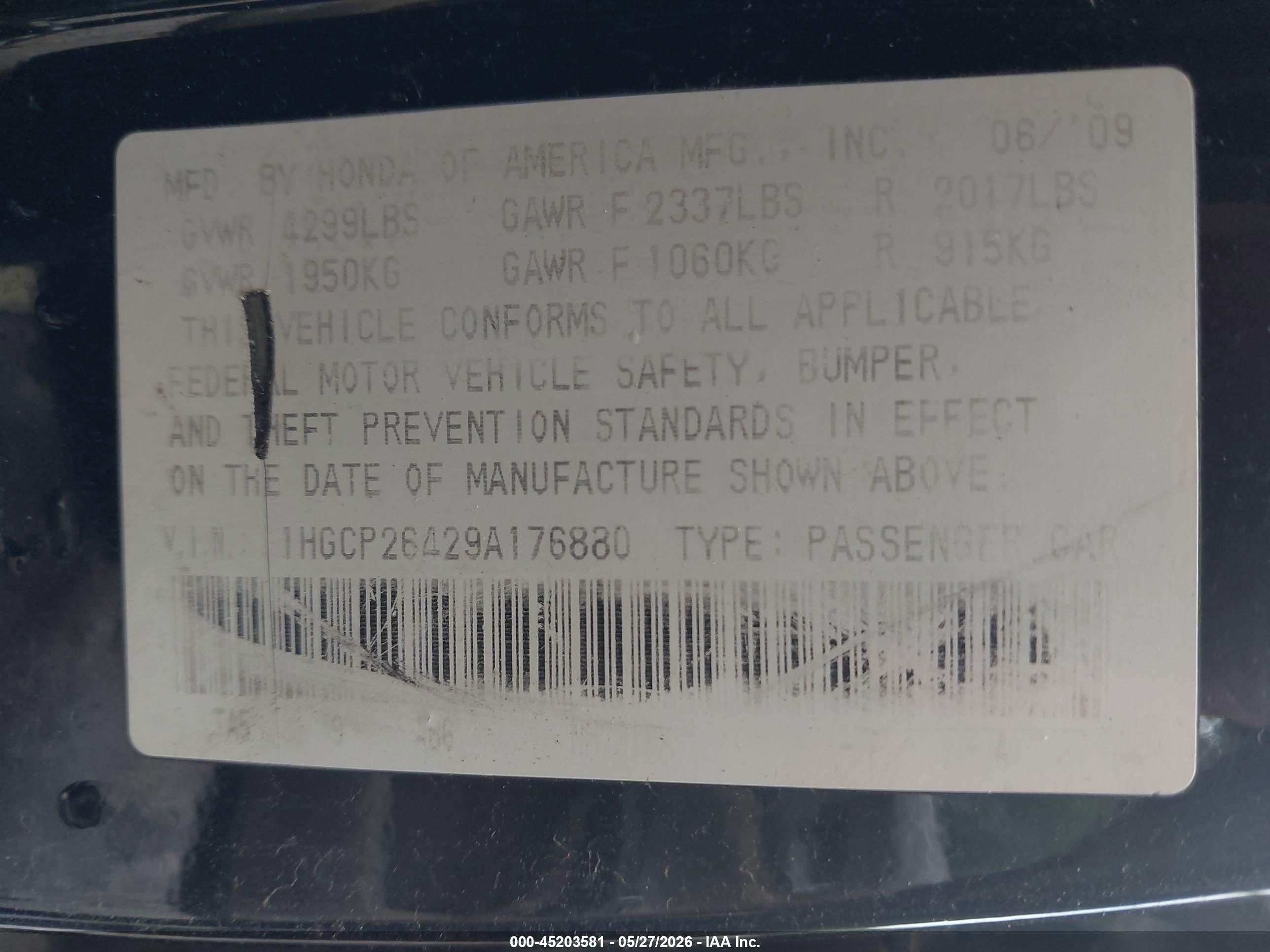 2009 Honda Accord 2.4 Lx-p Black vin: 1HGCP26429A176880