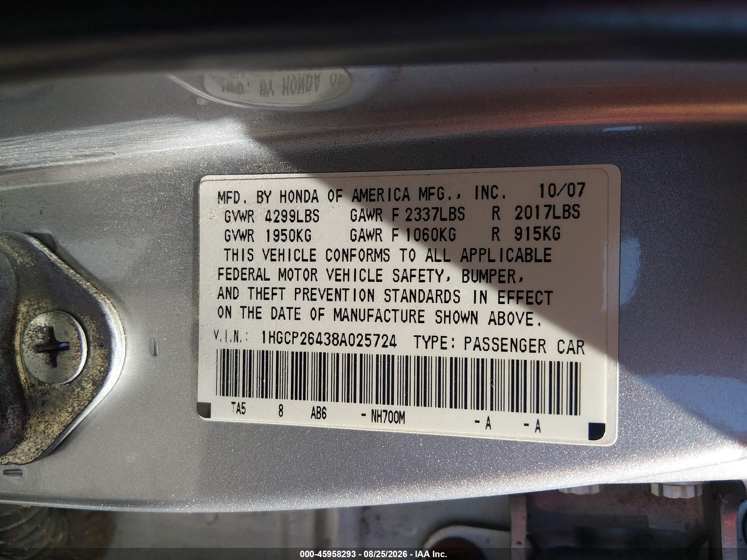 2008 Honda Accord 2.4 Lx-p Silver vin: 1HGCP26438A025724