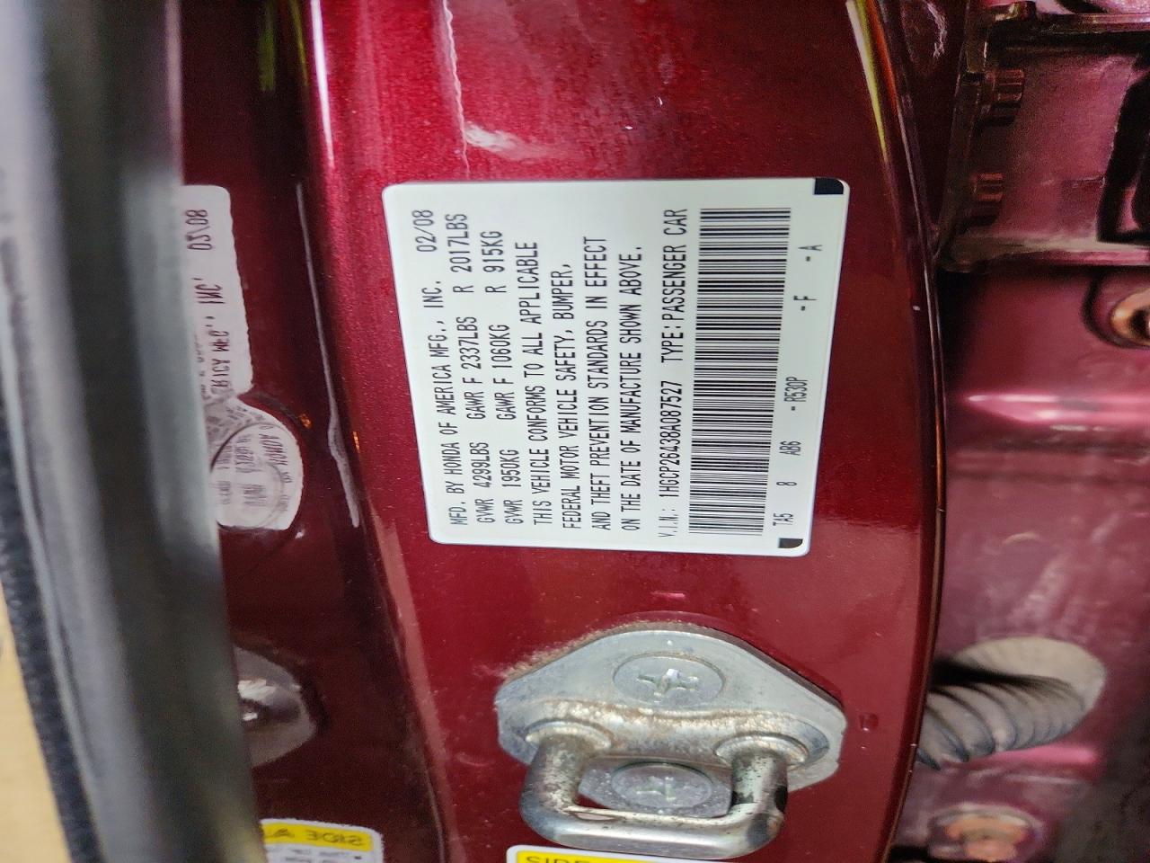 2008 Honda Accord Lxp Maroon vin: 1HGCP26438A087527