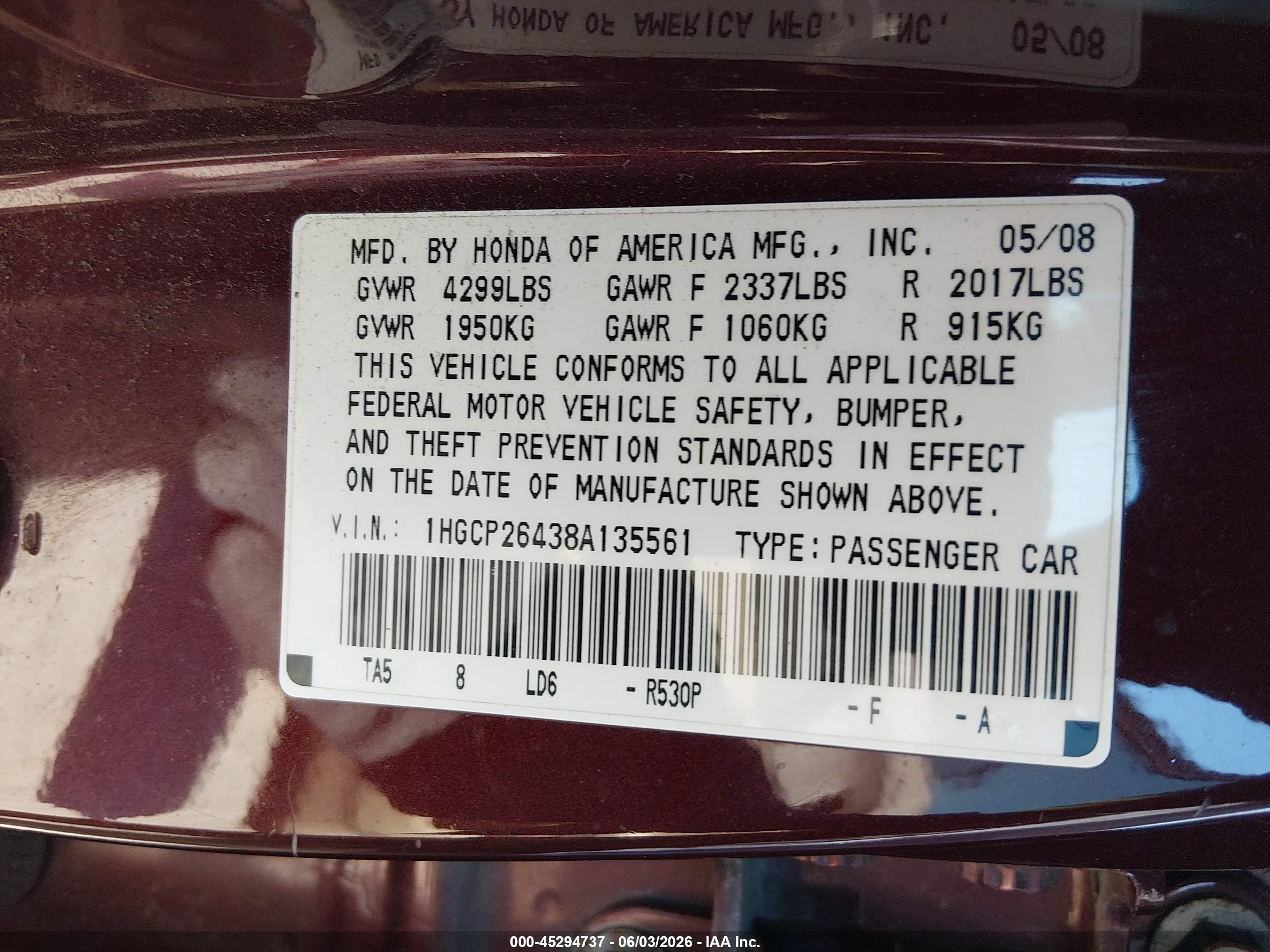 2008 Honda Accord 2.4 Lx-p Maroon vin: 1HGCP26438A135561