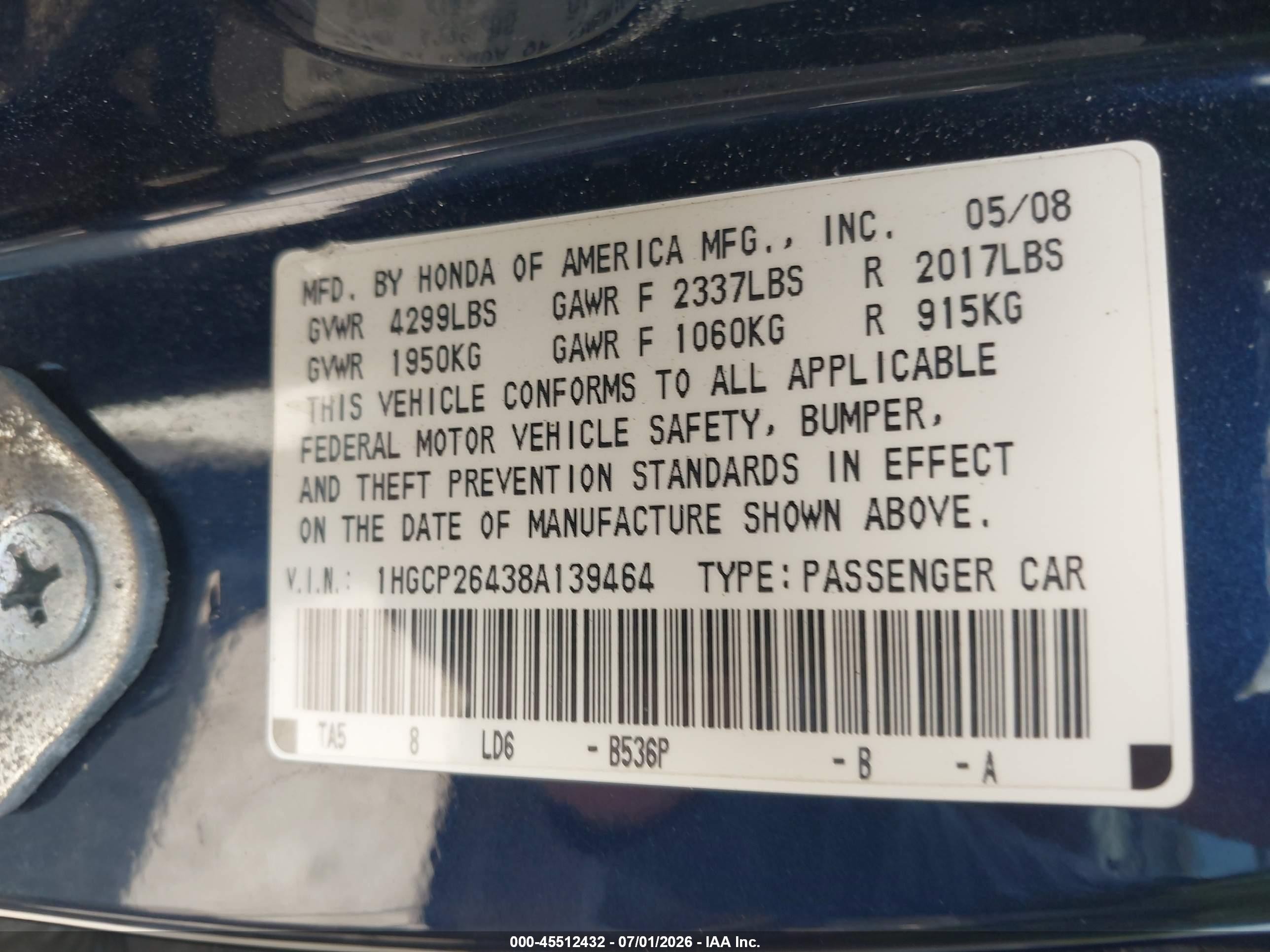 2008 Honda Accord 2.4 Lx-p Blue vin: 1HGCP26438A139464