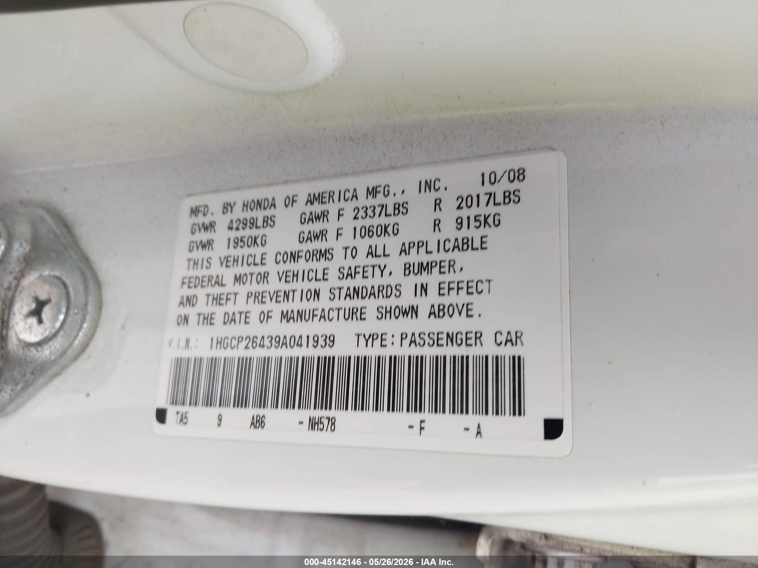 2009 Honda Accord 2.4 Lx-p White vin: 1HGCP26439A041939