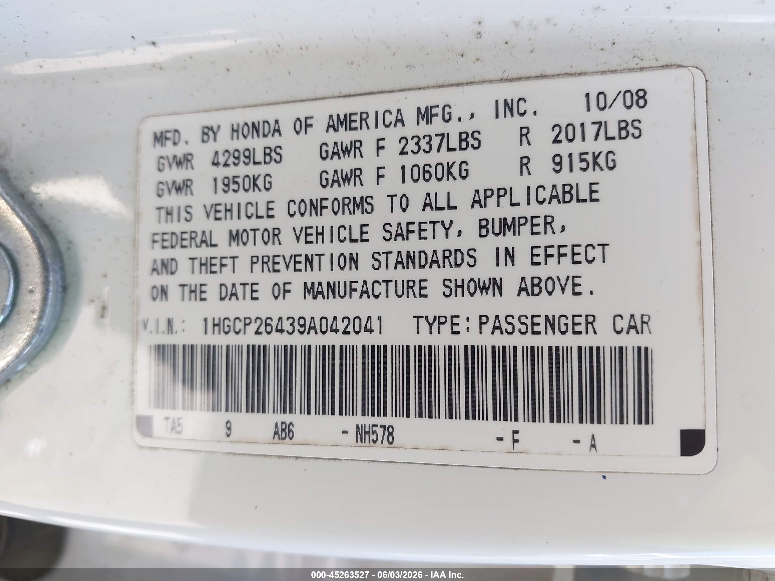 2009 Honda Accord 2.4 Lx-p White vin: 1HGCP26439A042041