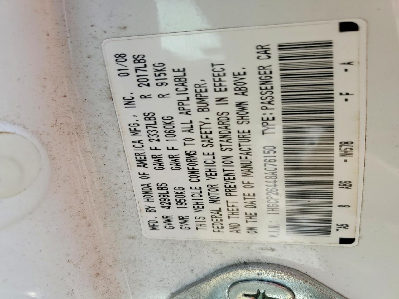 2008 Honda Accord Lxp White vin: 1HGCP26448A076150