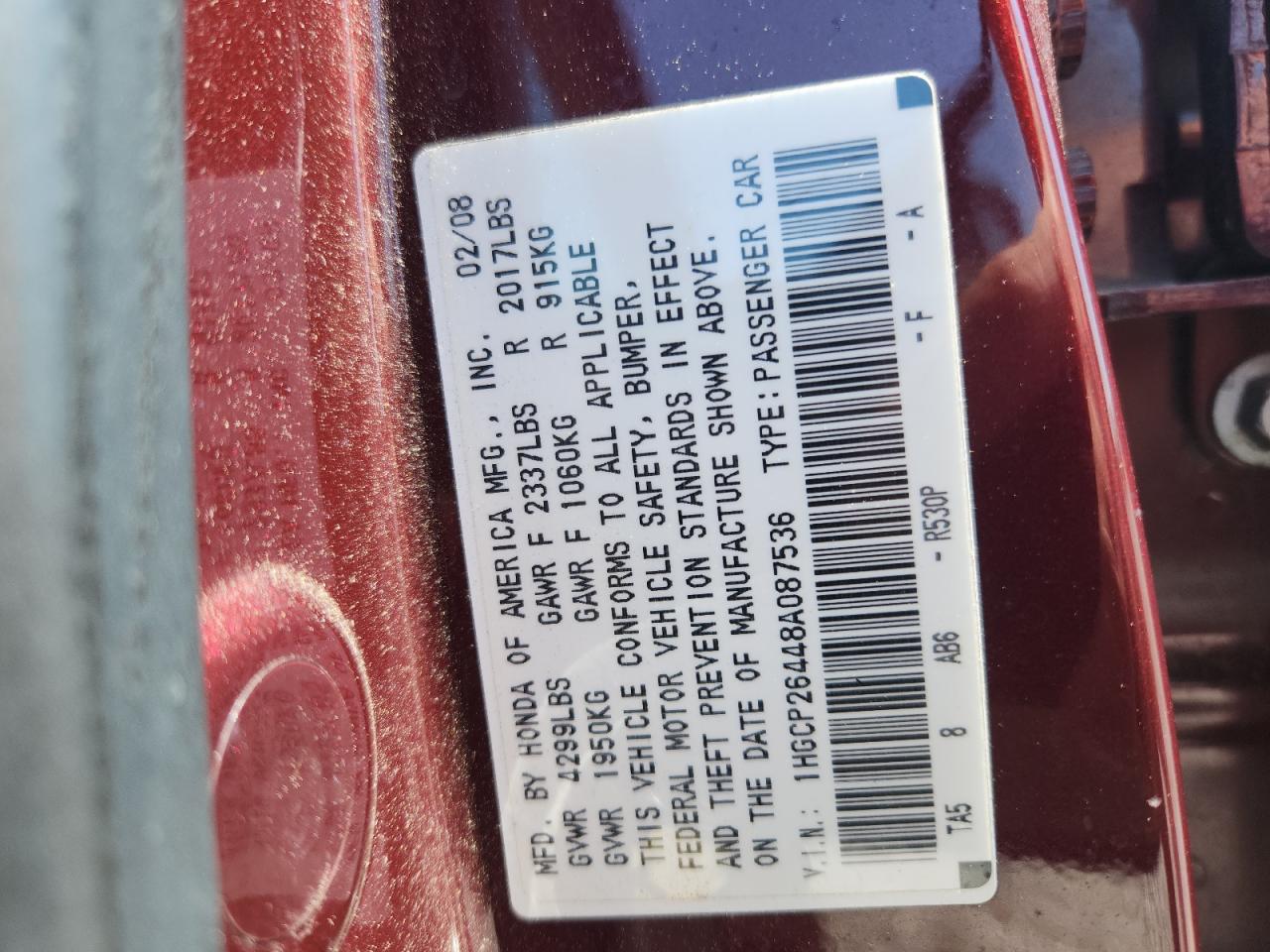 2008 Honda Accord Lxp Maroon vin: 1HGCP26448A087536