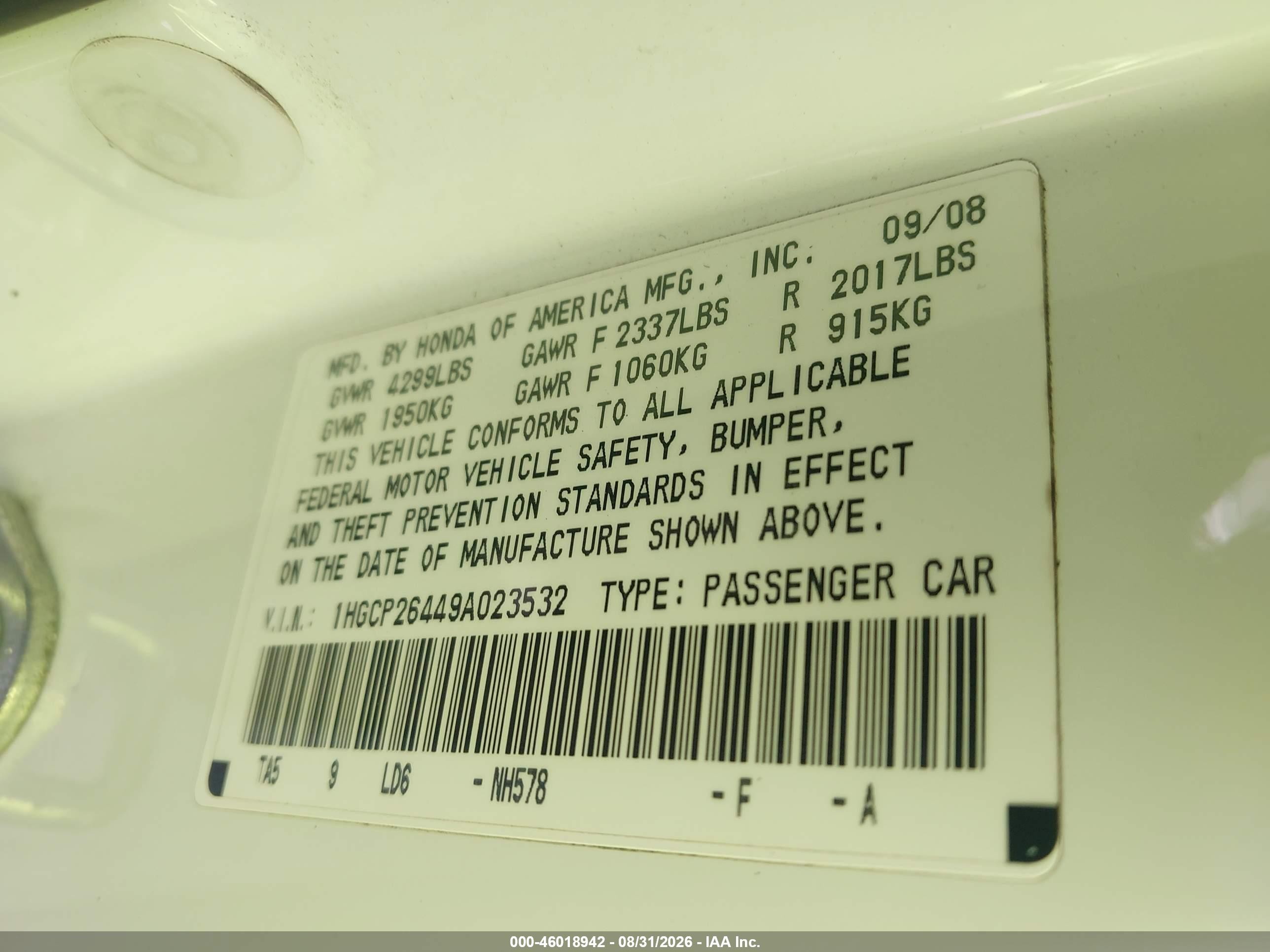 2009 Honda Accord 2.4 Lx-p White vin: 1HGCP26449A023532