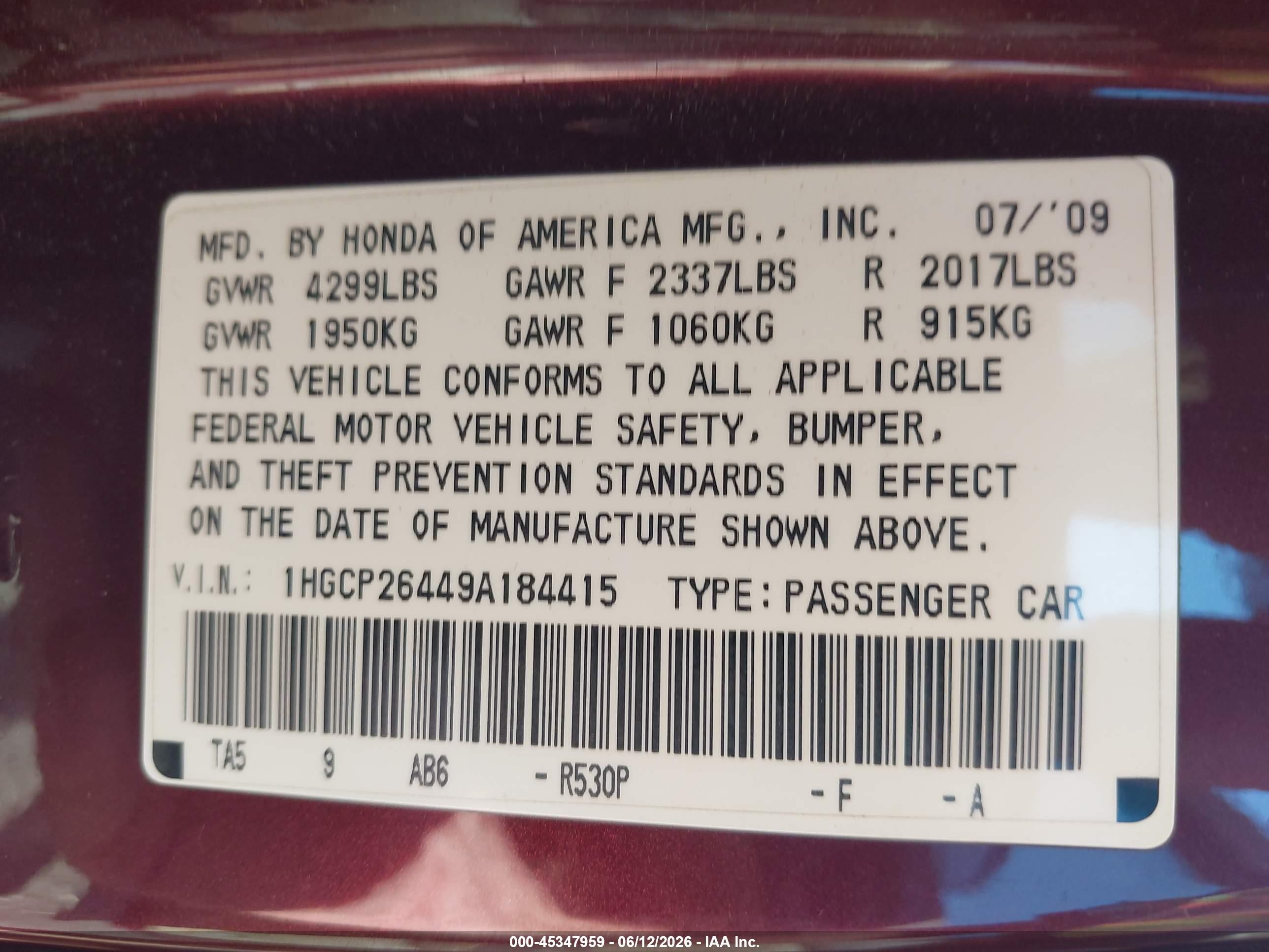 2009 Honda Accord 2.4 Lx-p Maroon vin: 1HGCP26449A184415