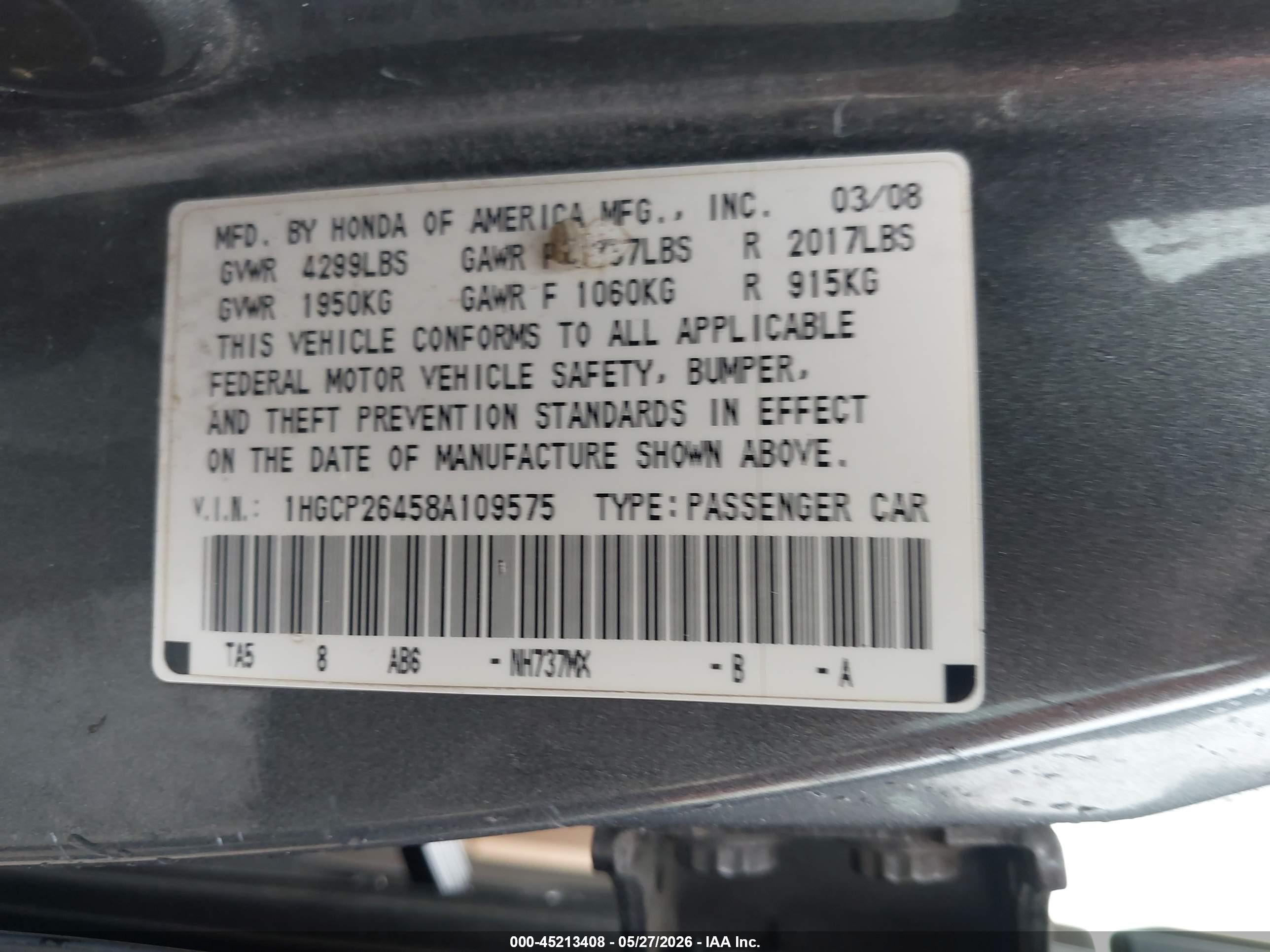 2008 Honda Accord 2.4 Lx-p Серый vin: 1HGCP26458A109575