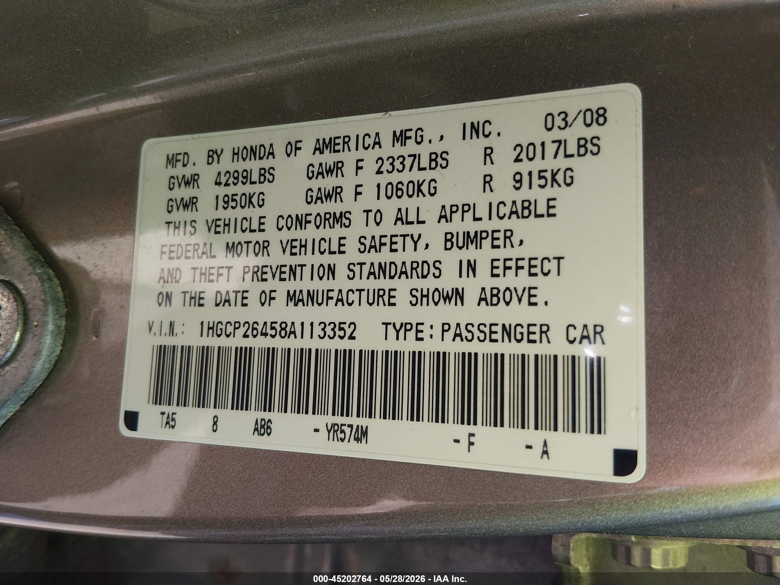 2008 Honda Accord 2.4 Lx-p Золотой vin: 1HGCP26458A113352