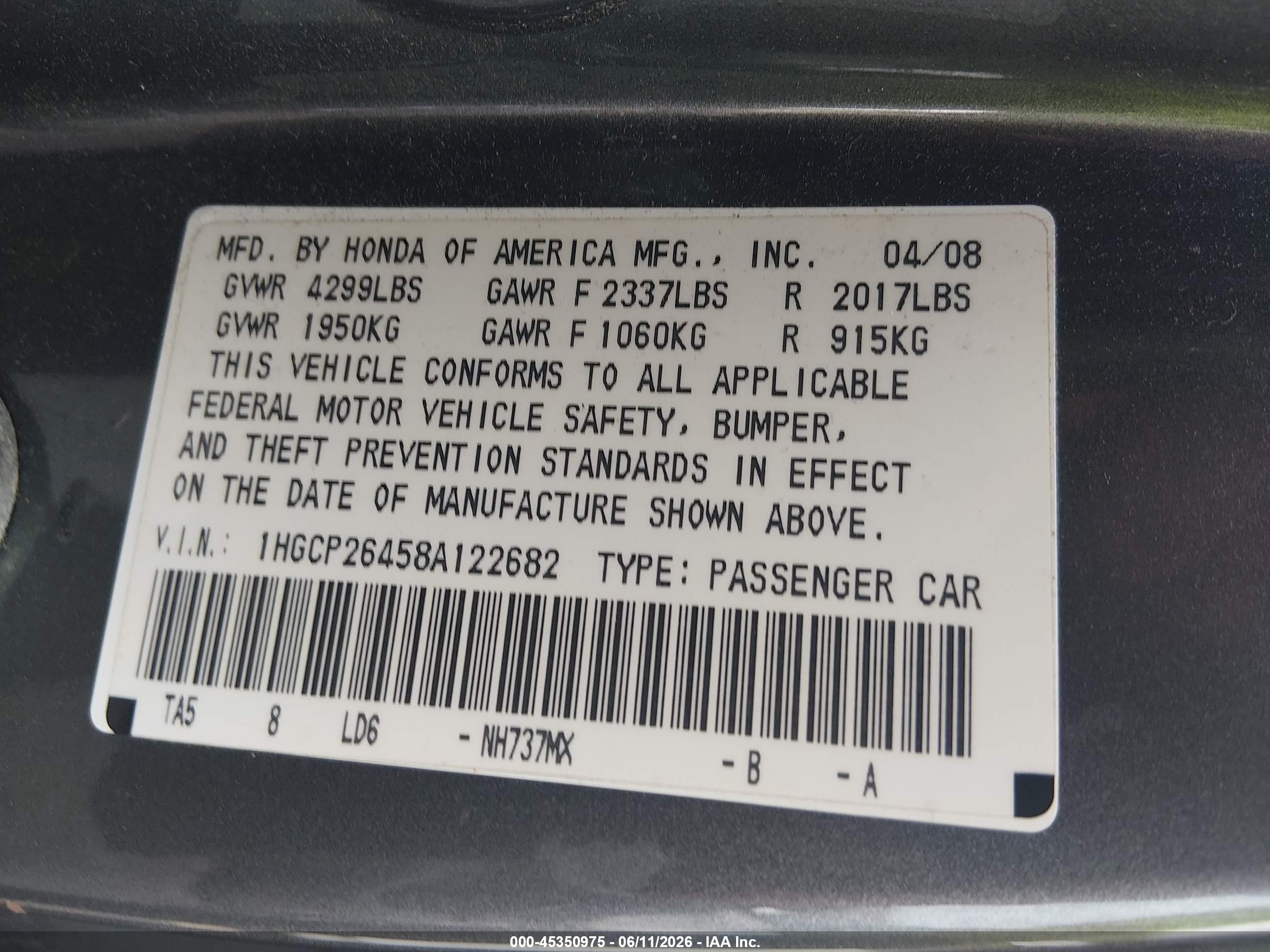 2008 Honda Accord 2.4 Lx-p Gray vin: 1HGCP26458A122682