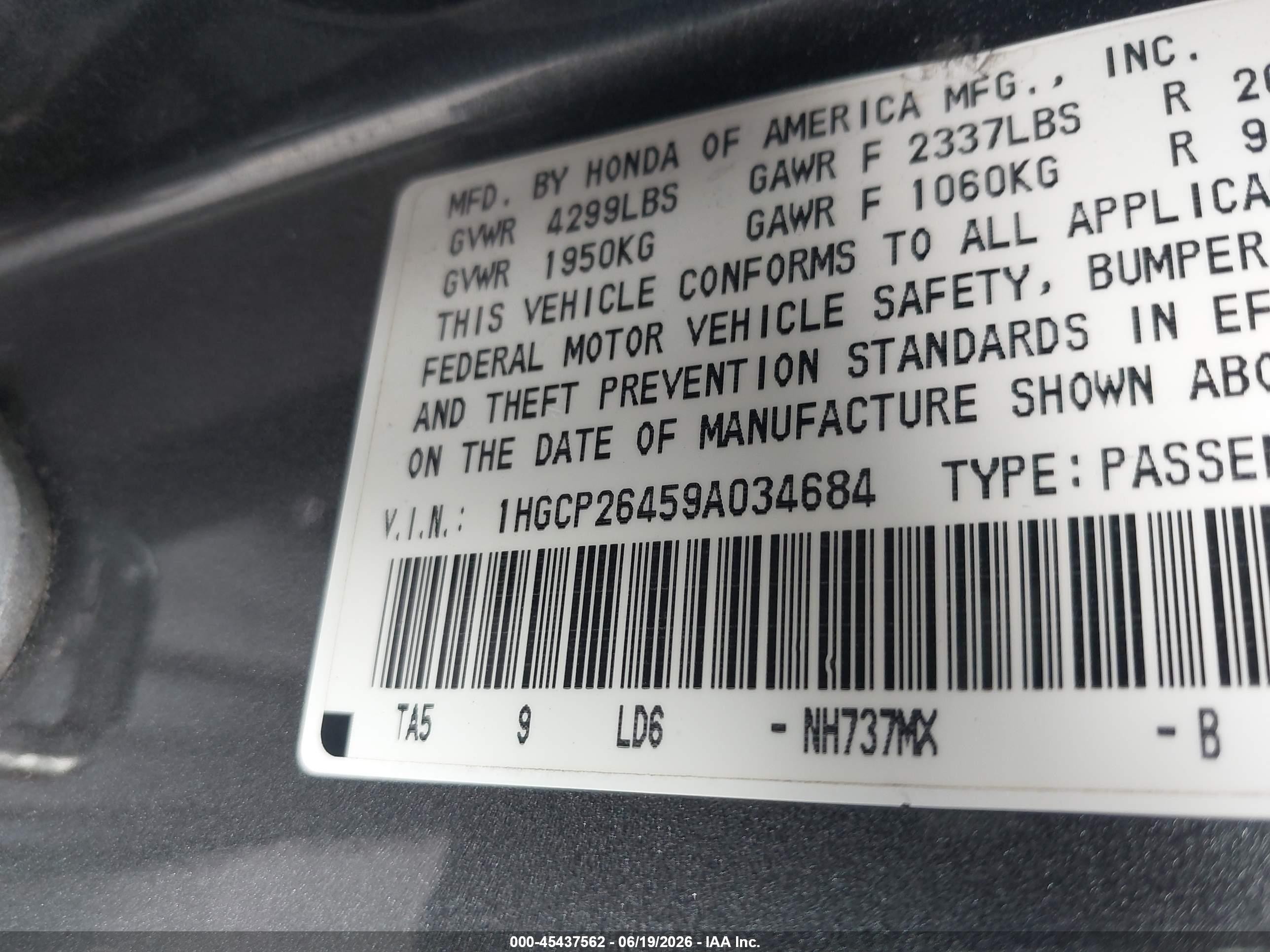 2009 Honda Accord 2.4 Lx-p Gray vin: 1HGCP26459A034684