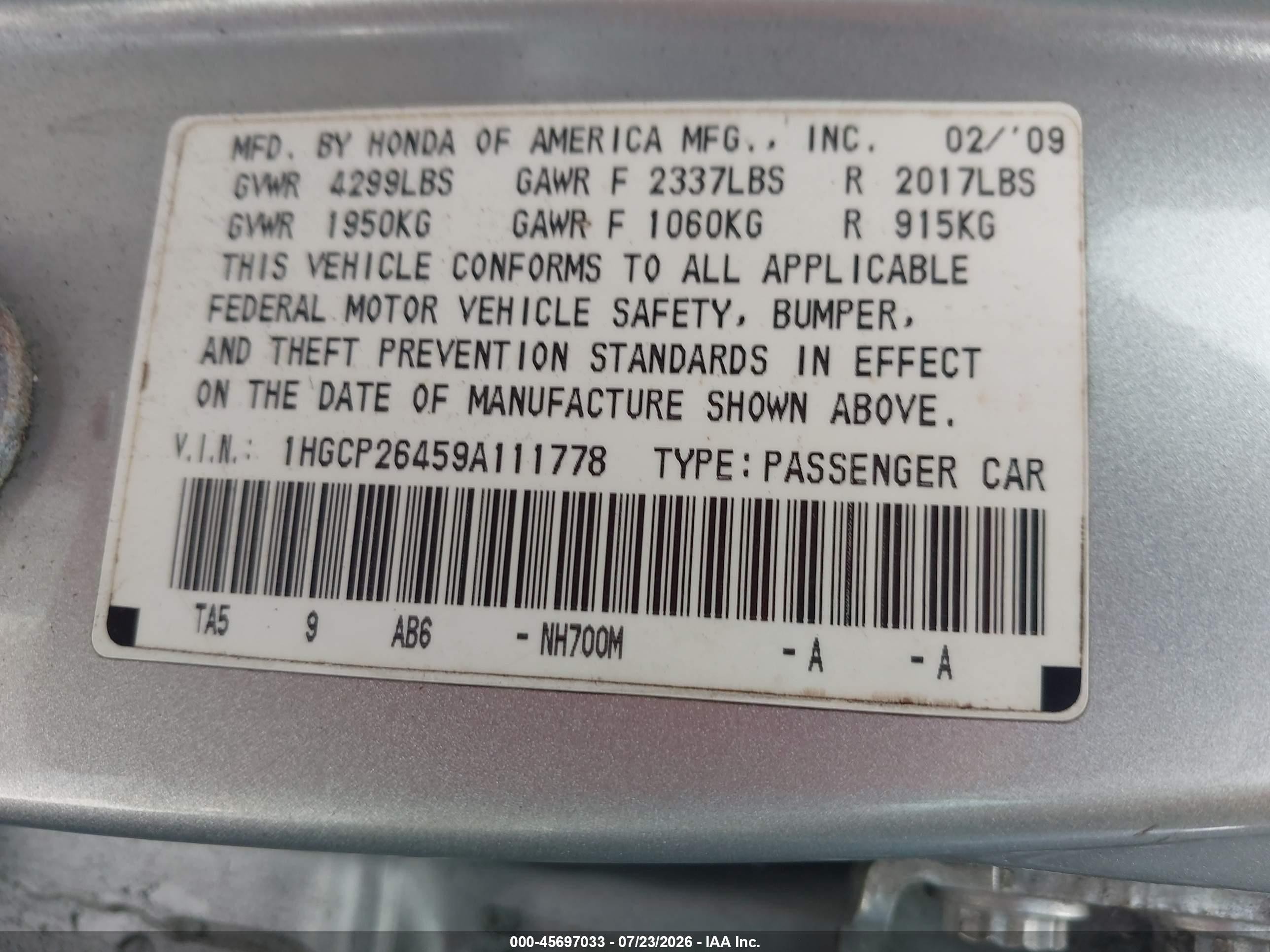 2009 Honda Accord 2.4 Lx-p Серебряный vin: 1HGCP26459A111778