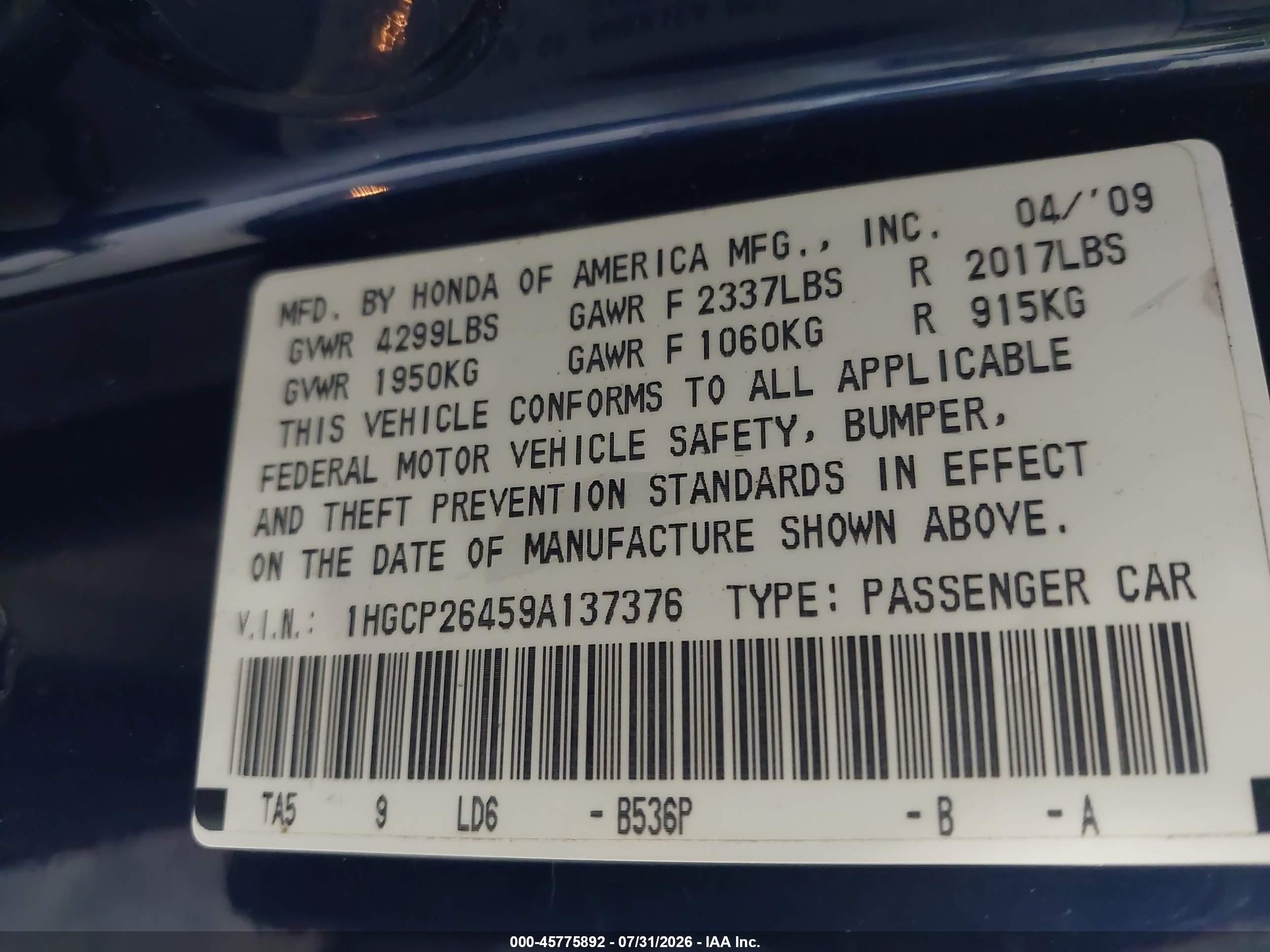 2009 Honda Accord 2.4 Lx-p Dark Blue vin: 1HGCP26459A137376
