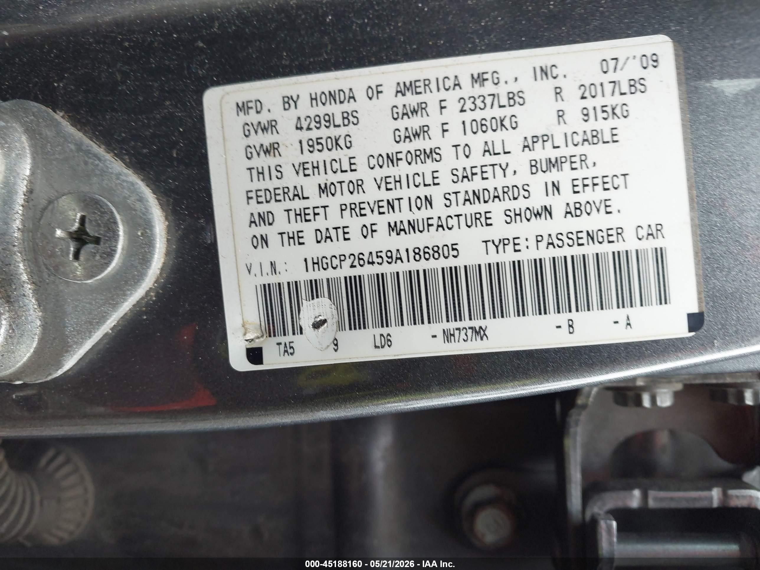 2009 Honda Accord 2.4 Lx-p Gray vin: 1HGCP26459A186805