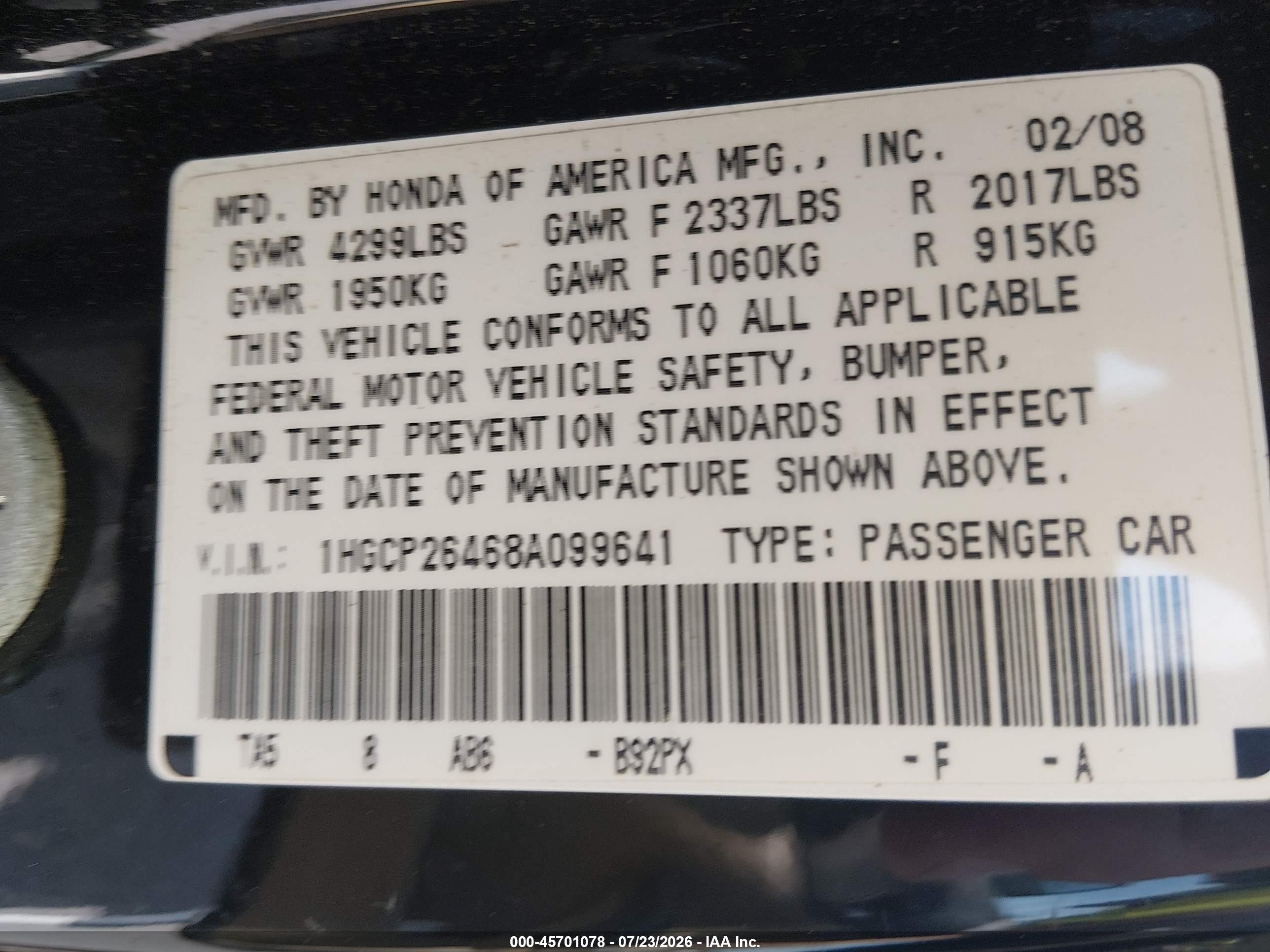 2008 Honda Accord 2.4 Lx-p Black vin: 1HGCP26468A099641