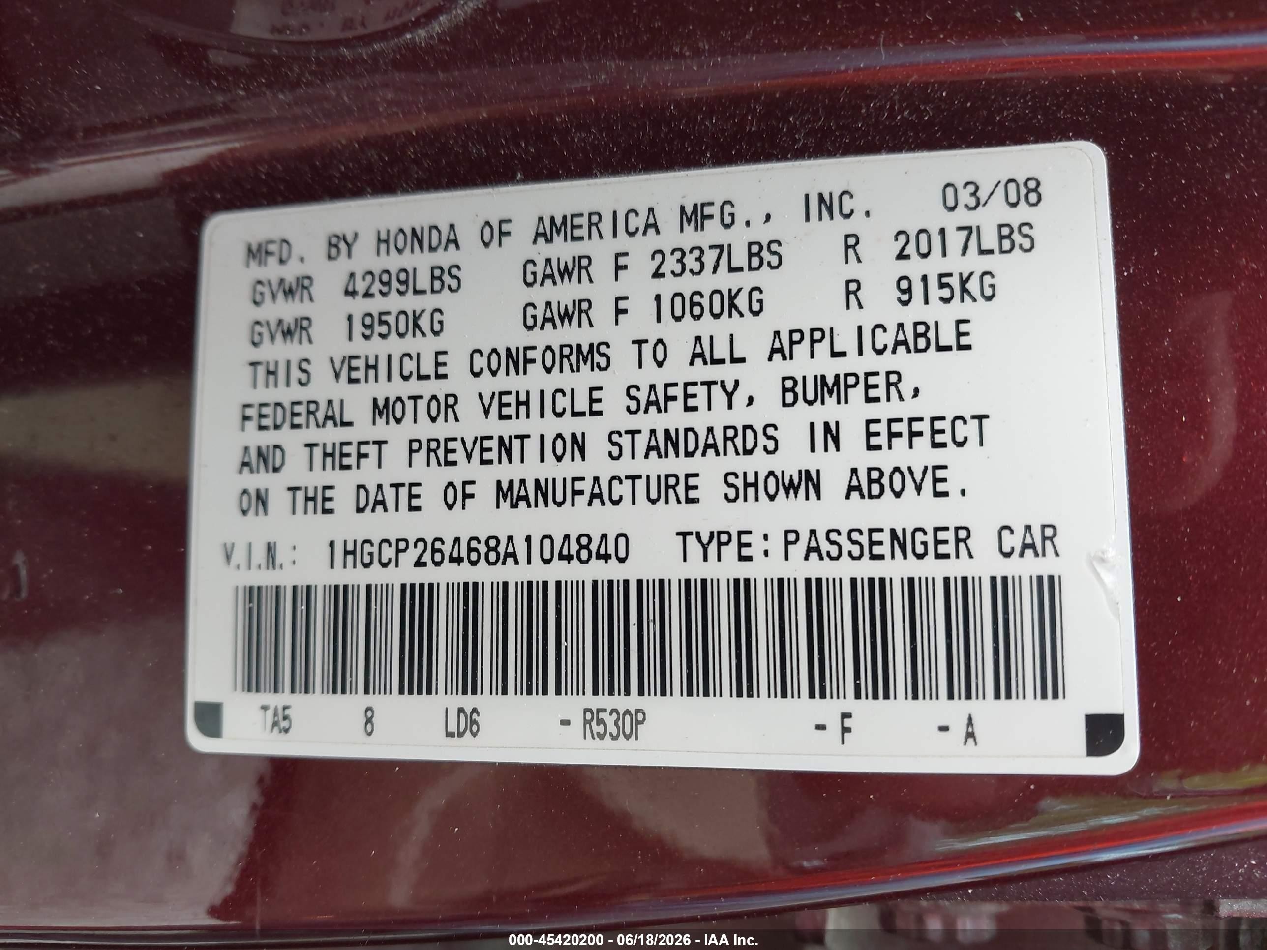2008 Honda Accord 2.4 Lx-p Red vin: 1HGCP26468A104840