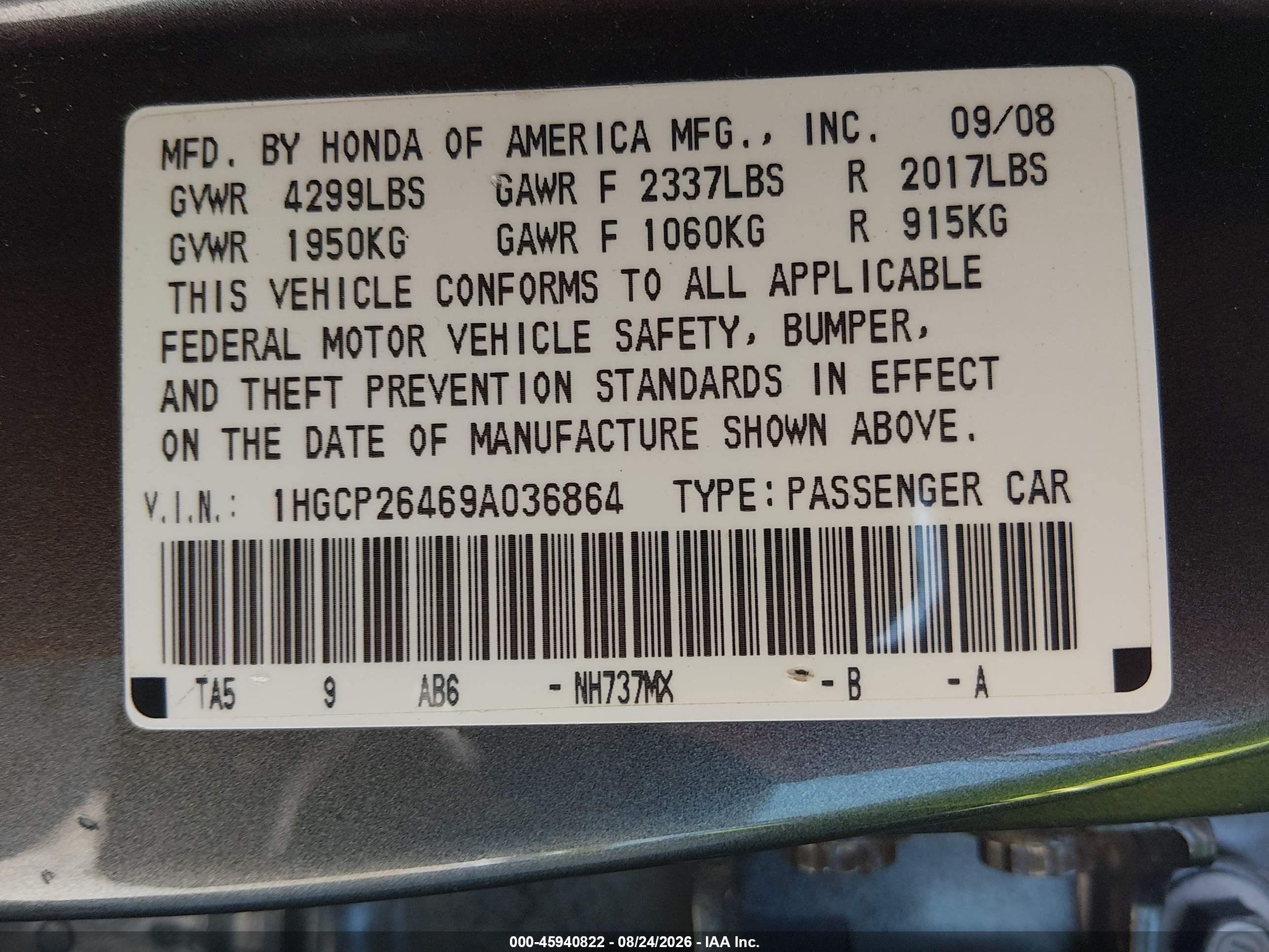 2009 Honda Accord 2.4 Lx-p Gray vin: 1HGCP26469A036864