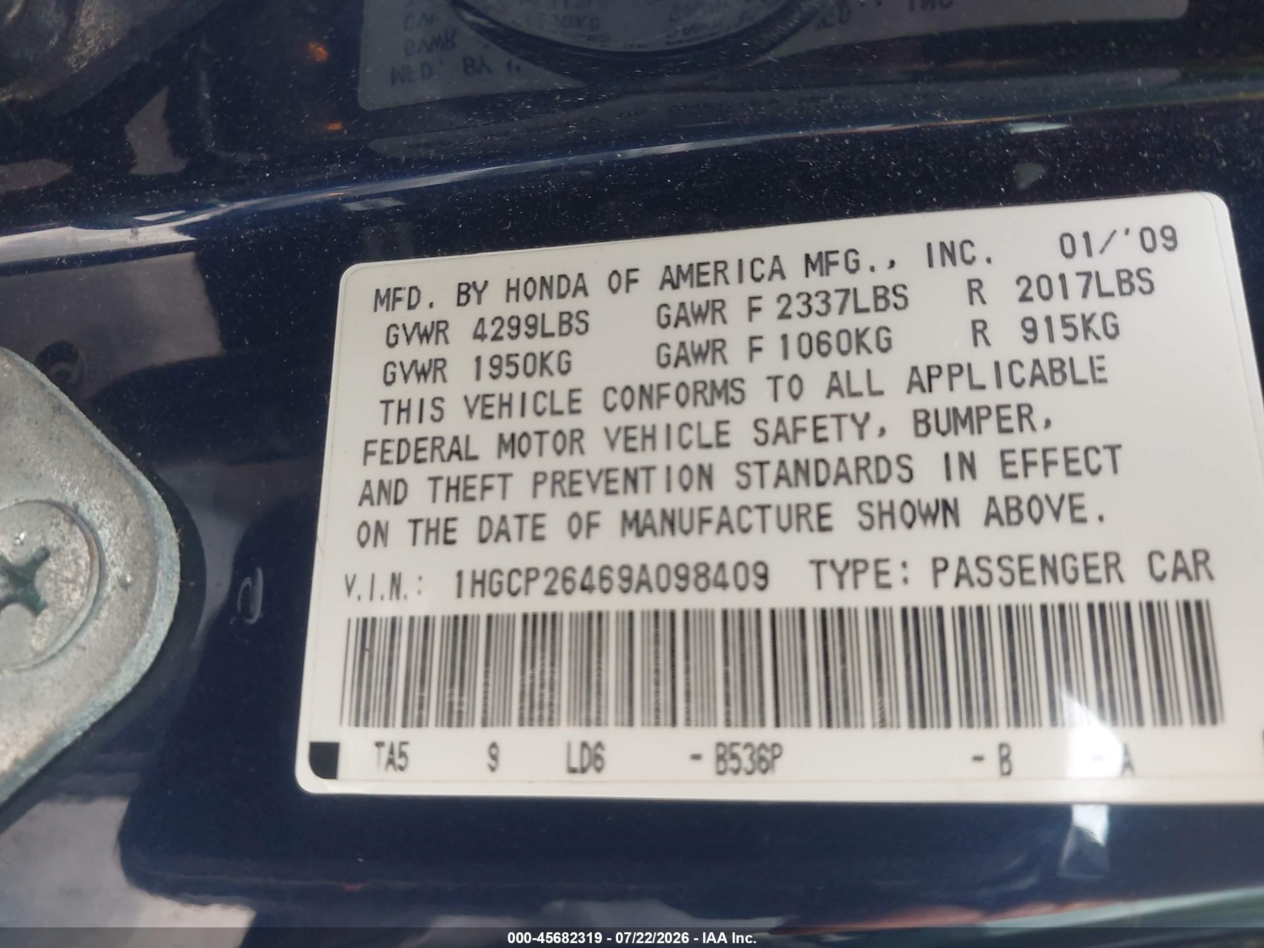 2009 Honda Accord 2.4 Lx-p Blue vin: 1HGCP26469A098409