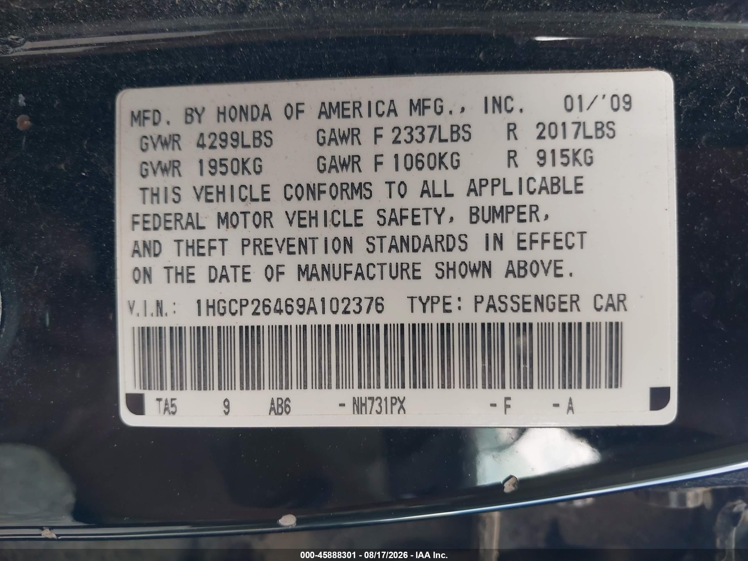 2009 Honda Accord 2.4 Lx-p Black vin: 1HGCP26469A102376