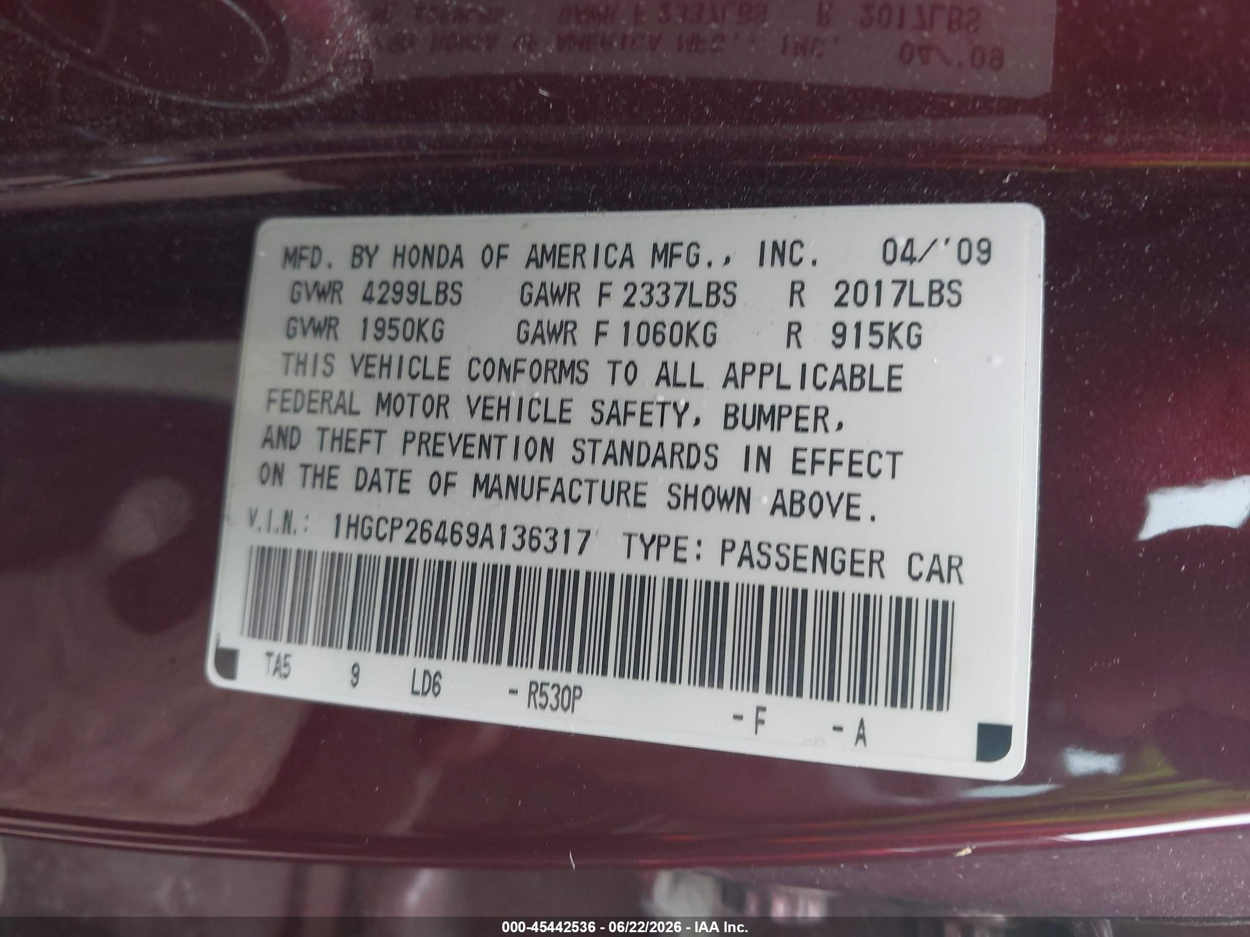 2009 Honda Accord 2.4 Lx-p Burgundy vin: 1HGCP26469A136317