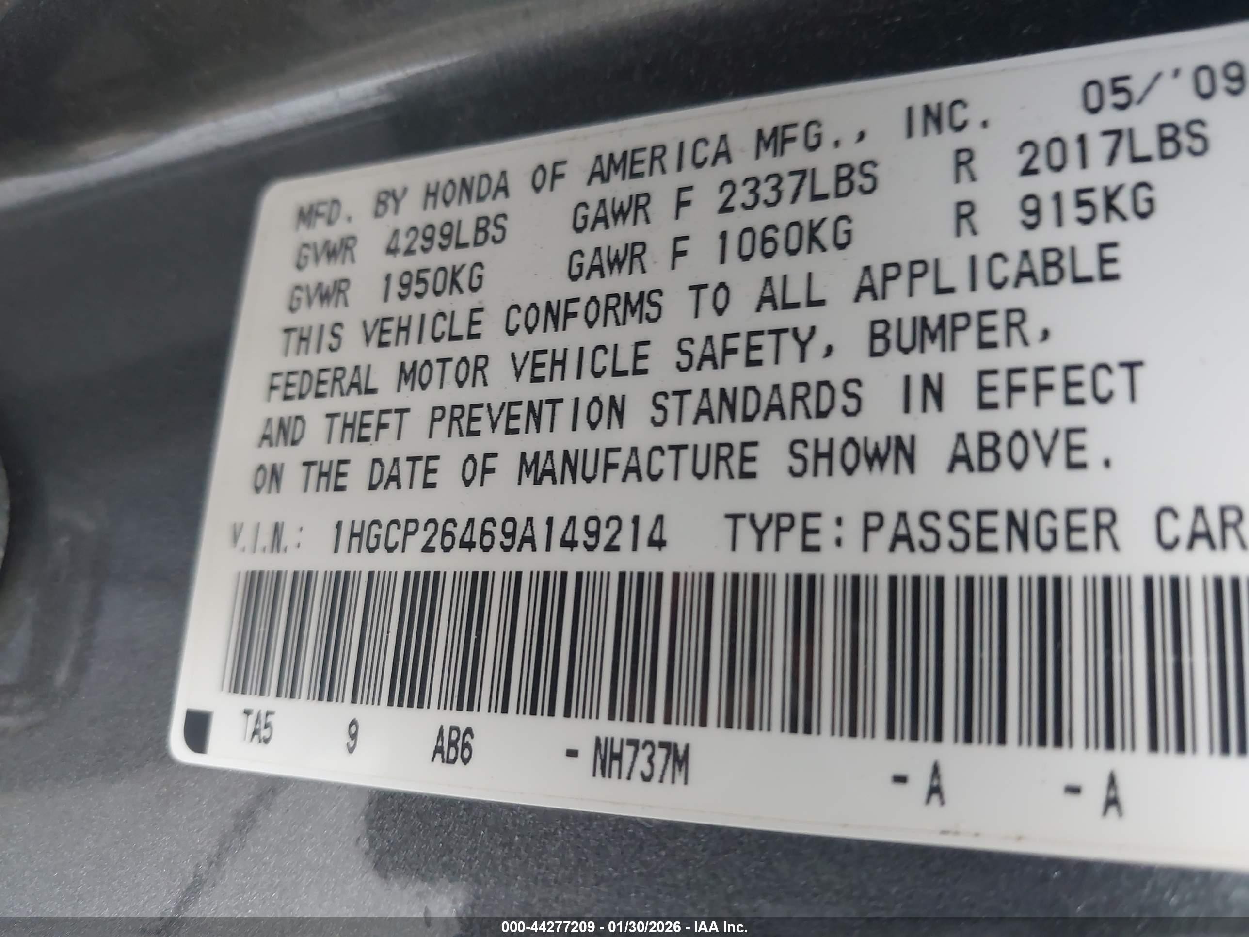 2009 Honda Accord 2.4 Lx-p Gray vin: 1HGCP26469A149214