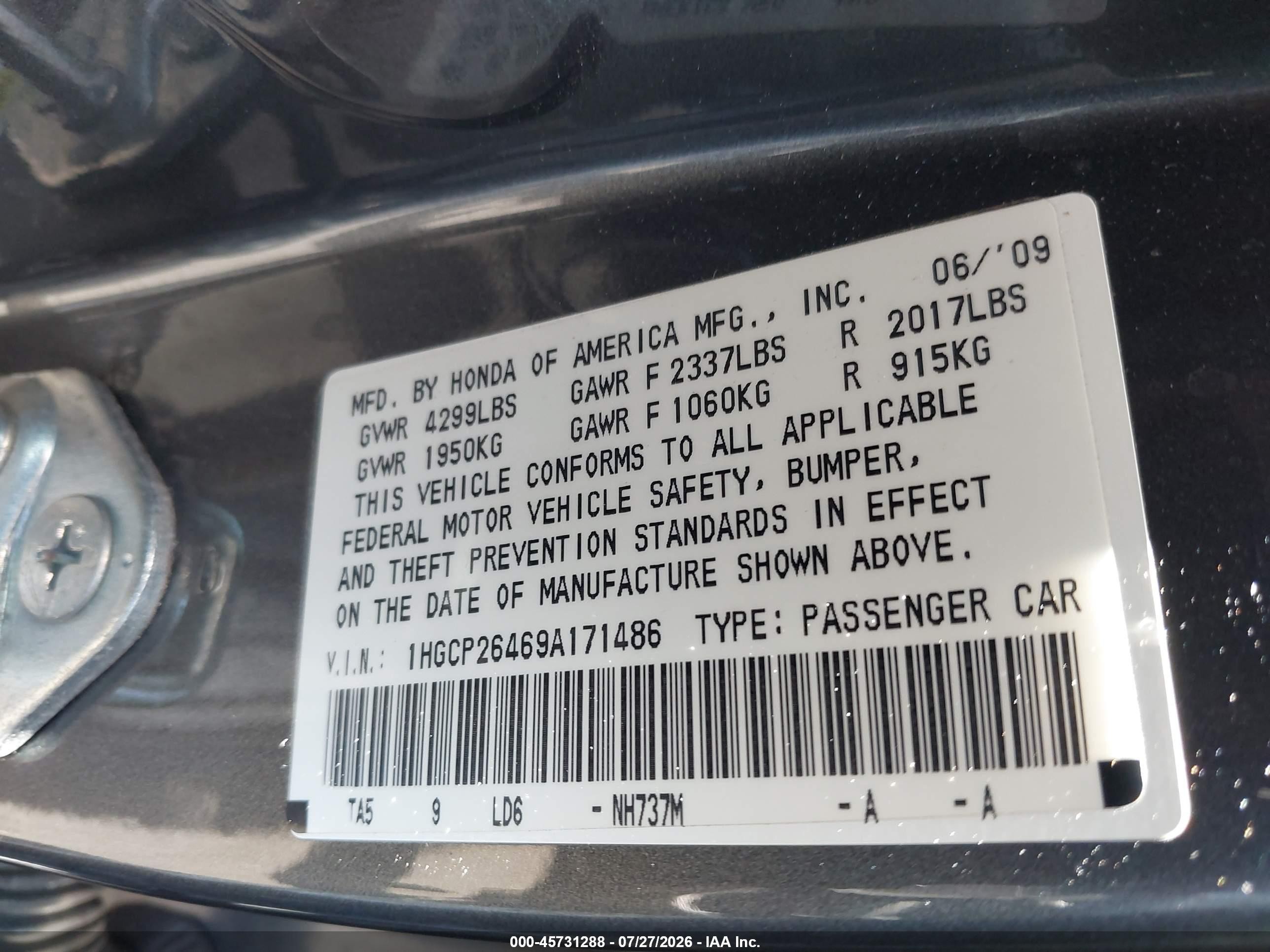 2009 Honda Accord 2.4 Lx-p Gray vin: 1HGCP26469A171486