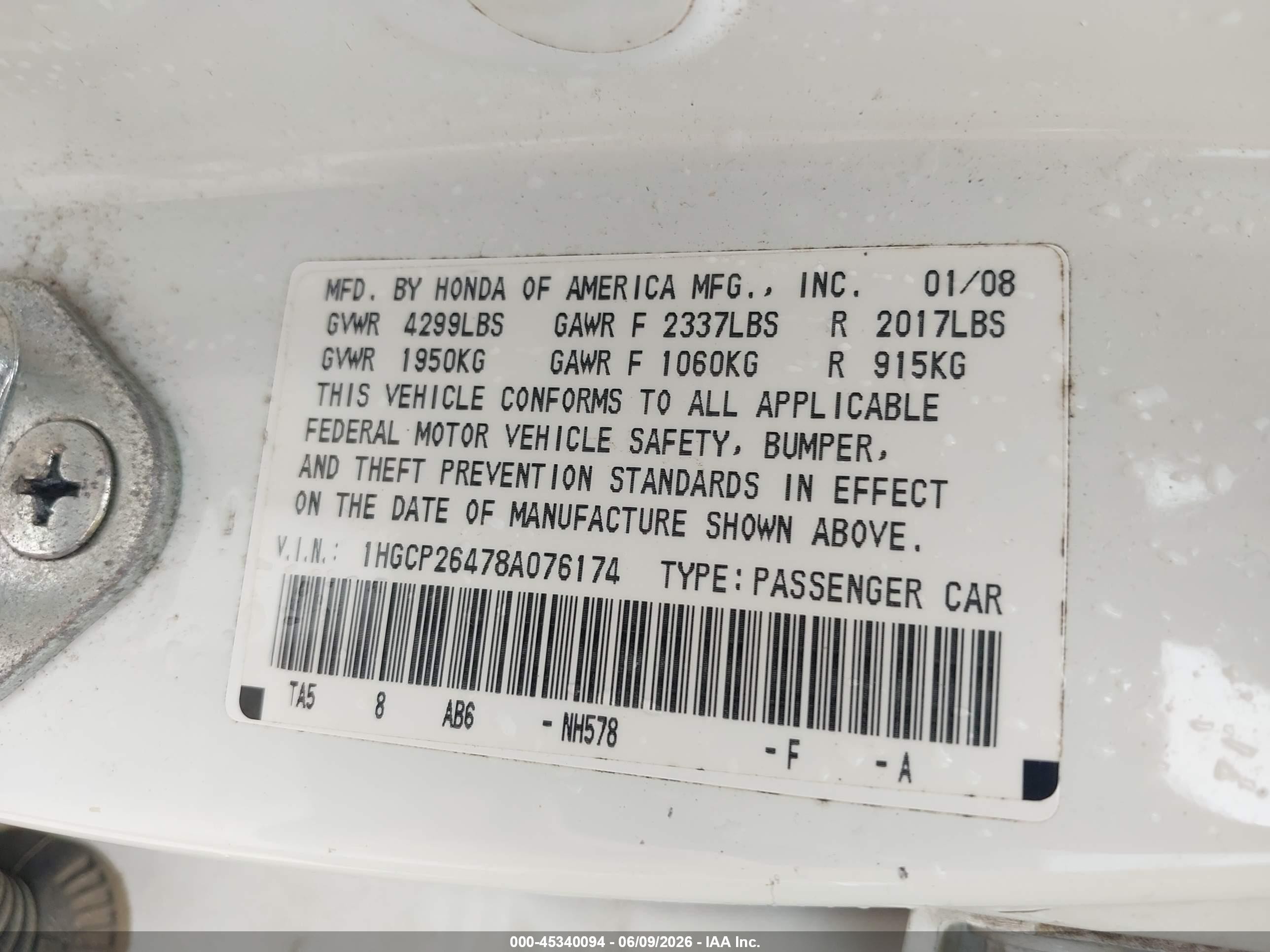 2008 Honda Accord 2.4 Lx-p White vin: 1HGCP26478A076174