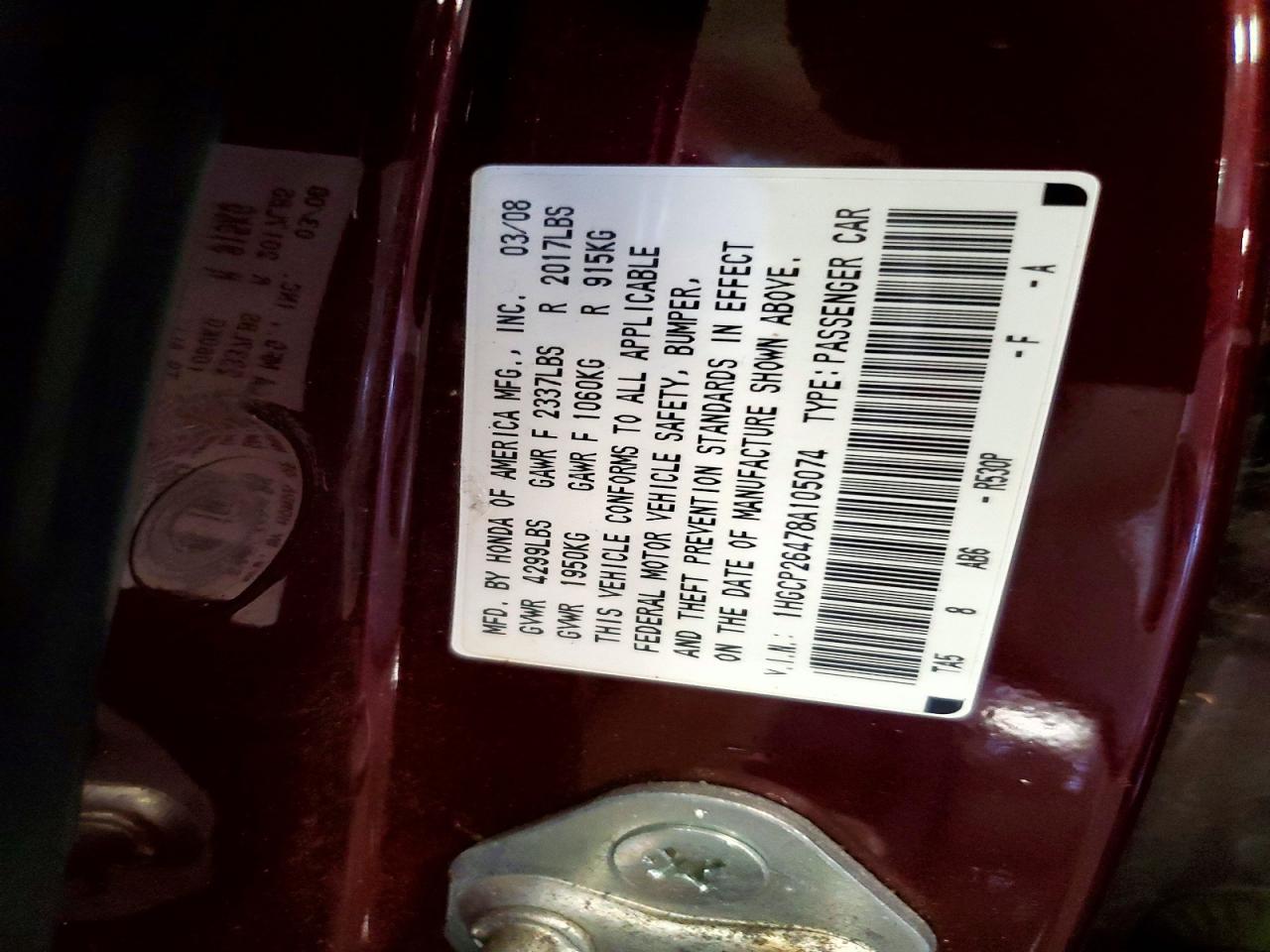 2008 Honda Accord Lxp Red vin: 1HGCP26478A105074