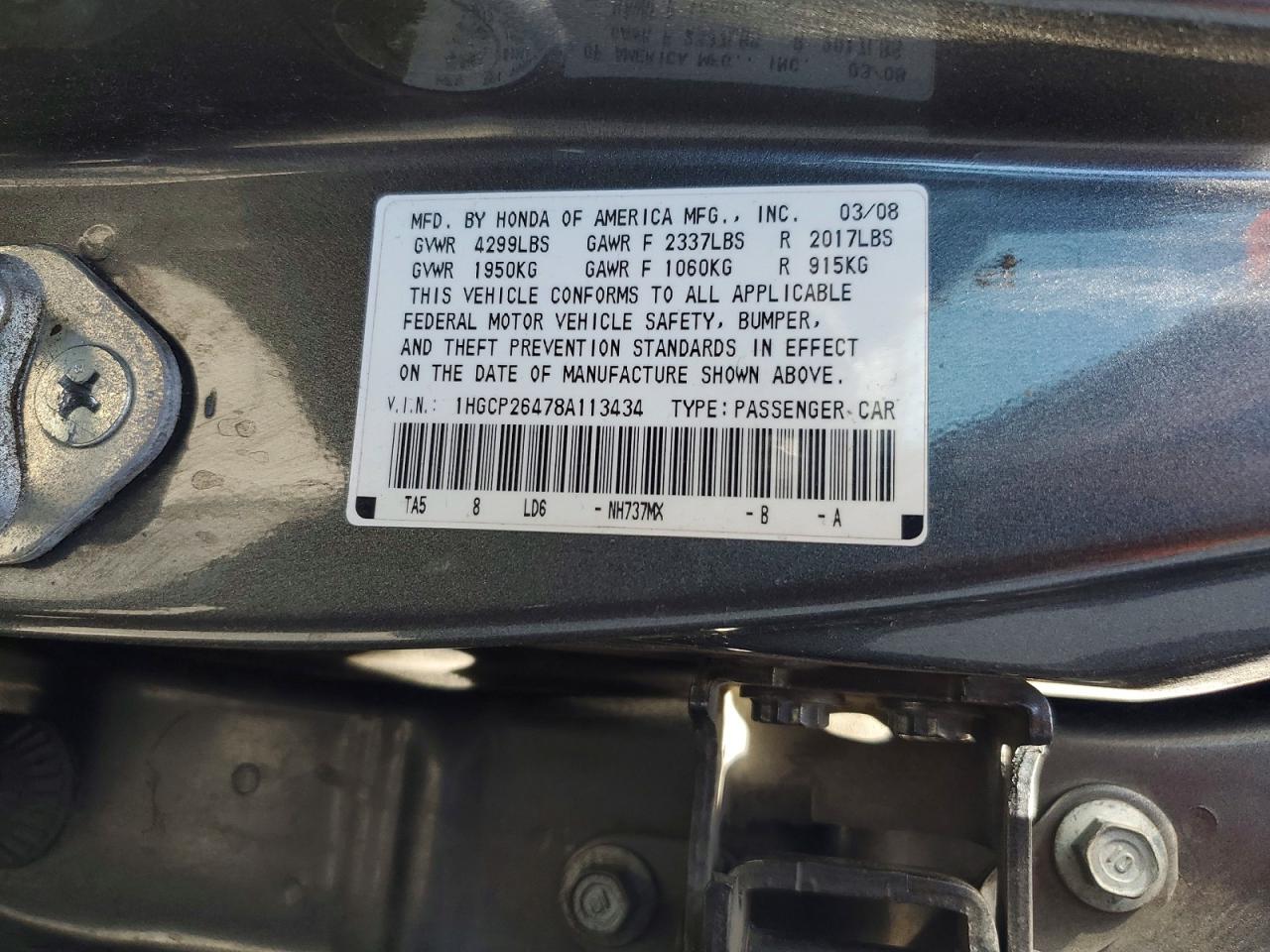 2008 Honda Accord Gray vin: 1HGCP26478A113434