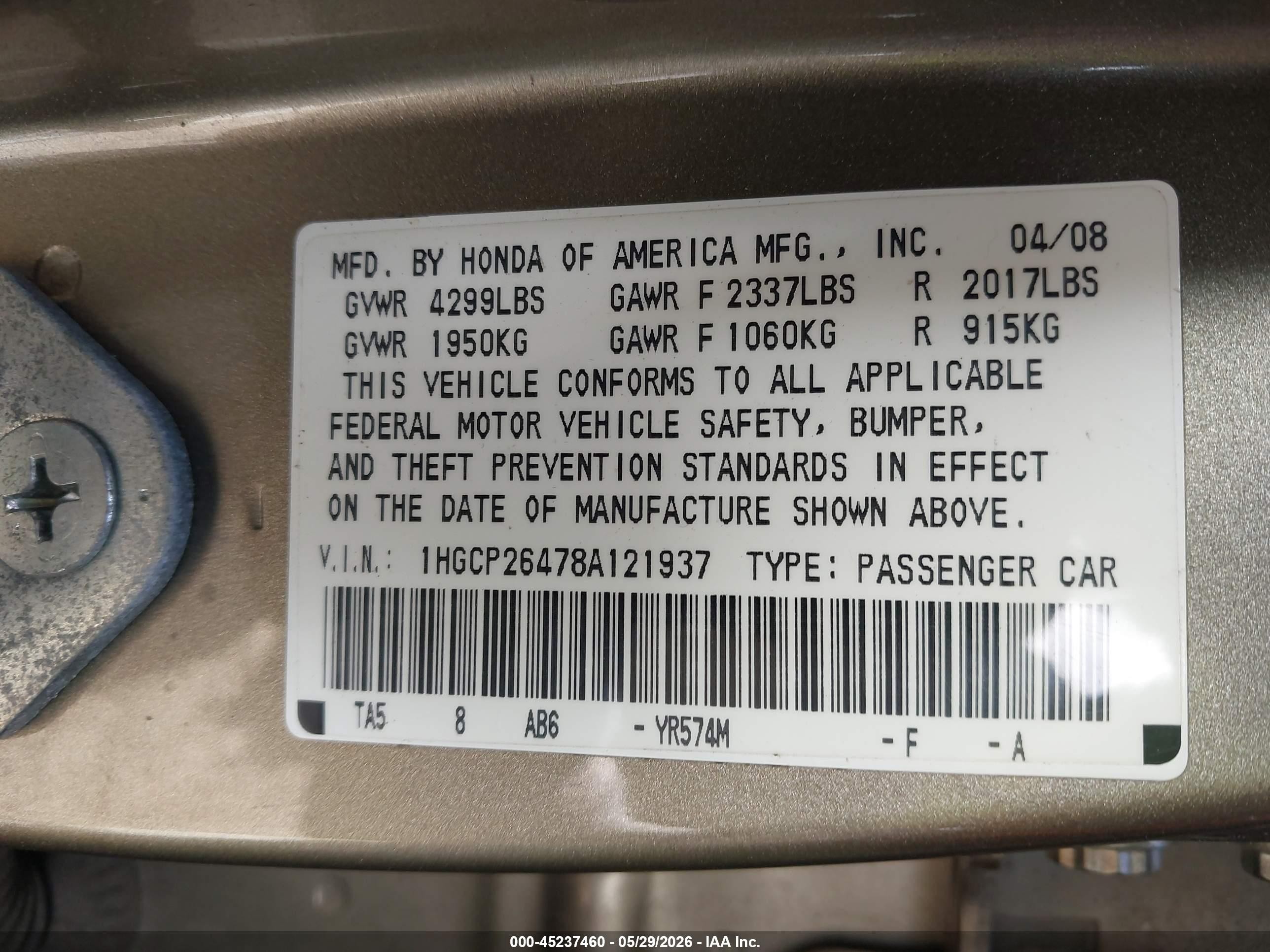 2008 Honda Accord 2.4 Lx-p Beige vin: 1HGCP26478A121937
