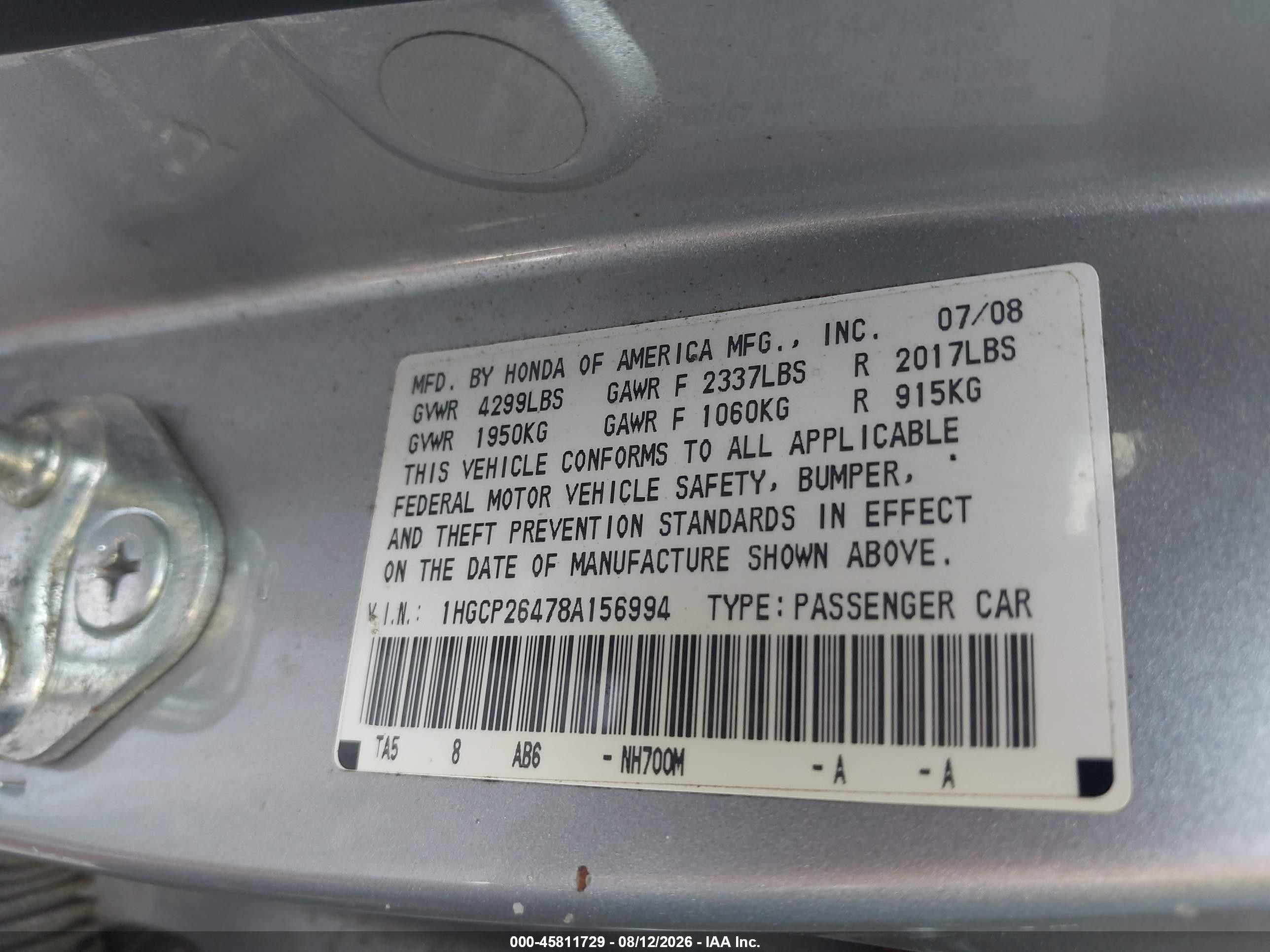 2008 Honda Accord 2.4 Lx-p Серебряный vin: 1HGCP26478A156994