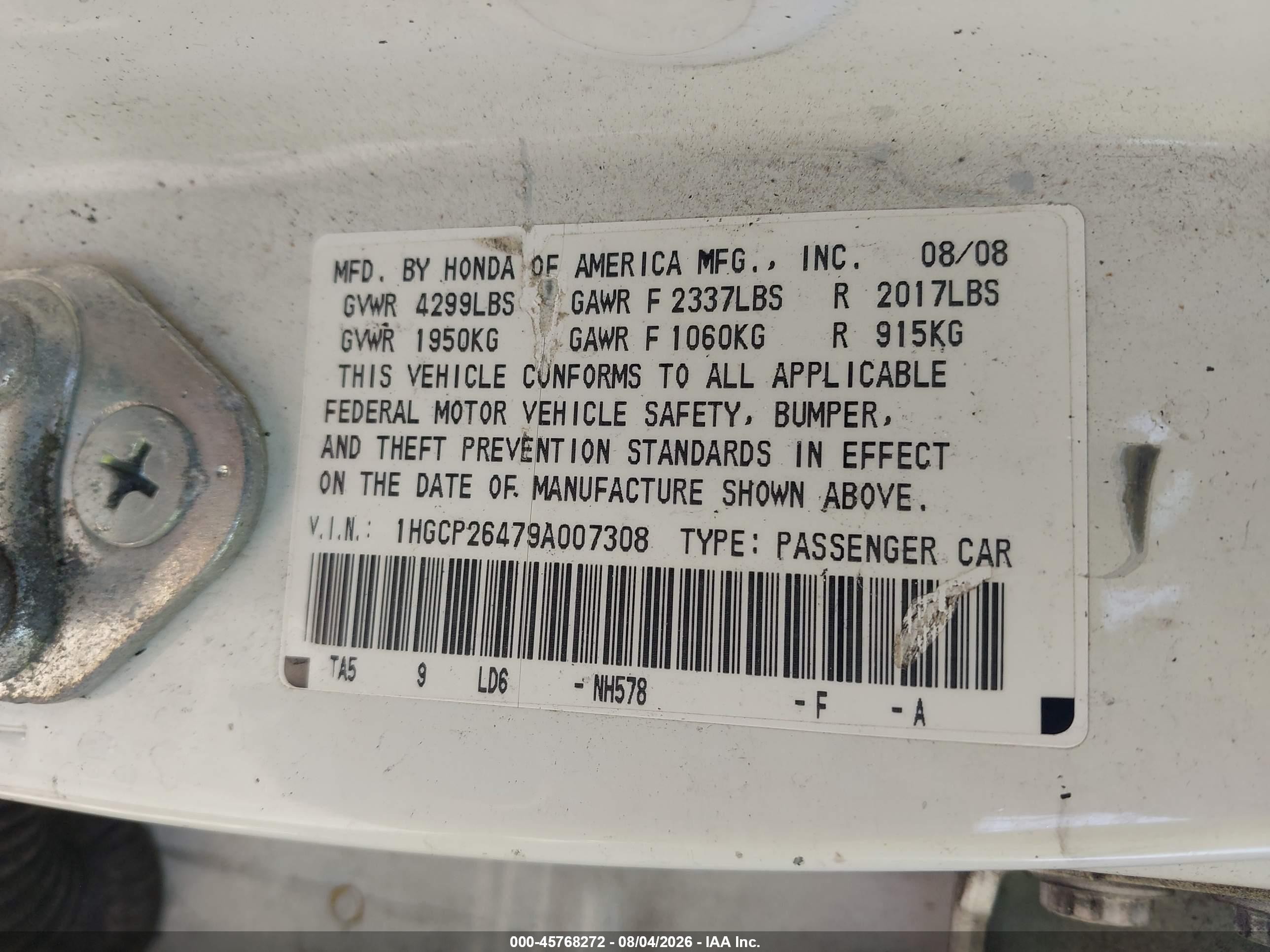 2009 Honda Accord 2.4 Lx-p White vin: 1HGCP26479A007308