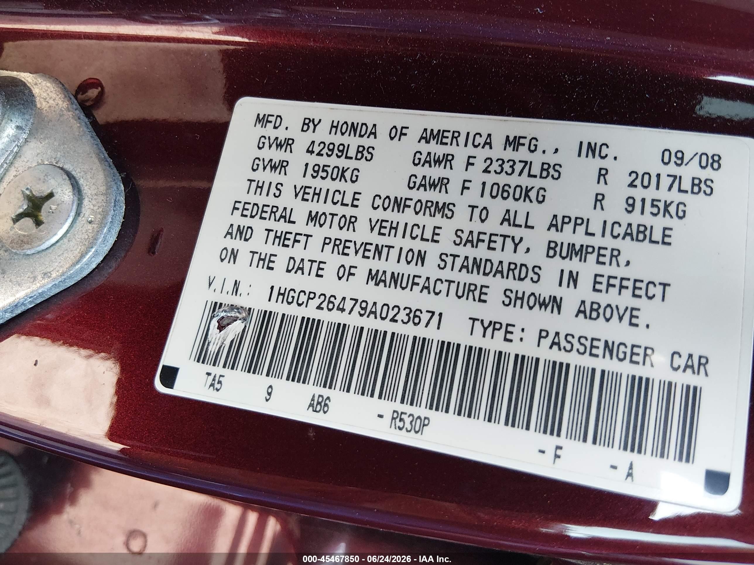2009 Honda Accord 2.4 Lx-p Red vin: 1HGCP26479A023671