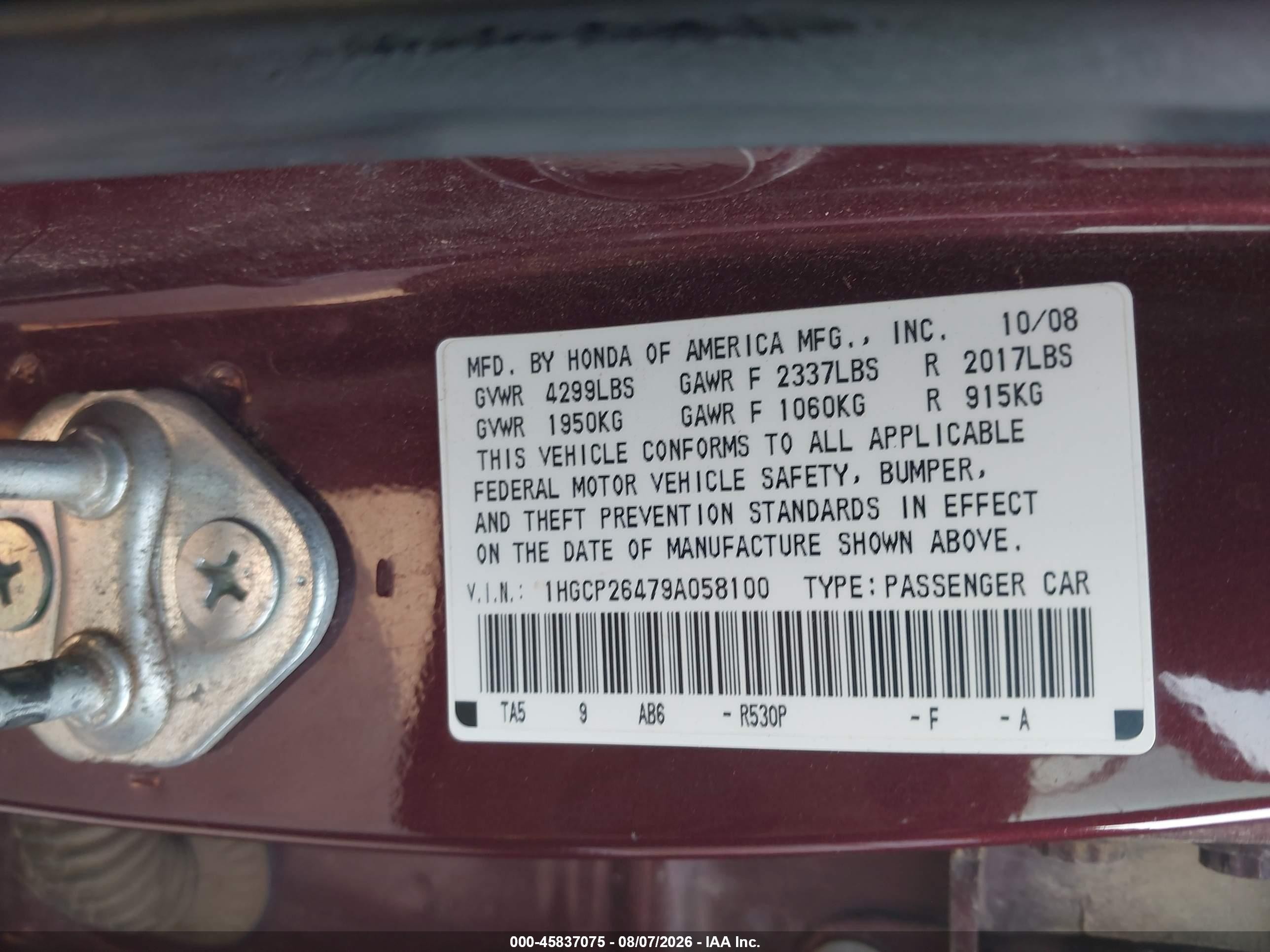 2009 Honda Accord 2.4 Lx-p Maroon vin: 1HGCP26479A058100