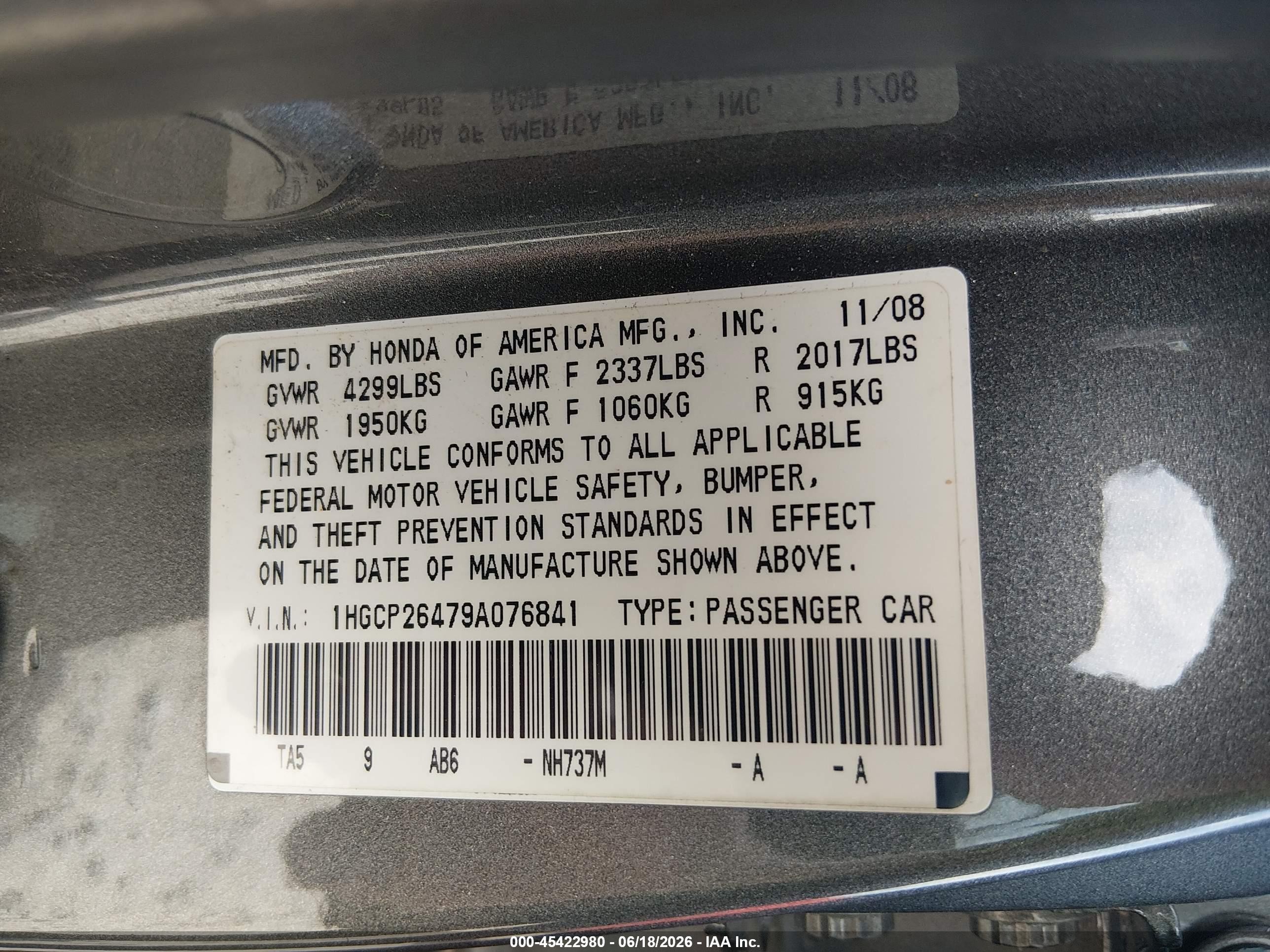 2009 Honda Accord 2.4 Lx-p Серый vin: 1HGCP26479A076841