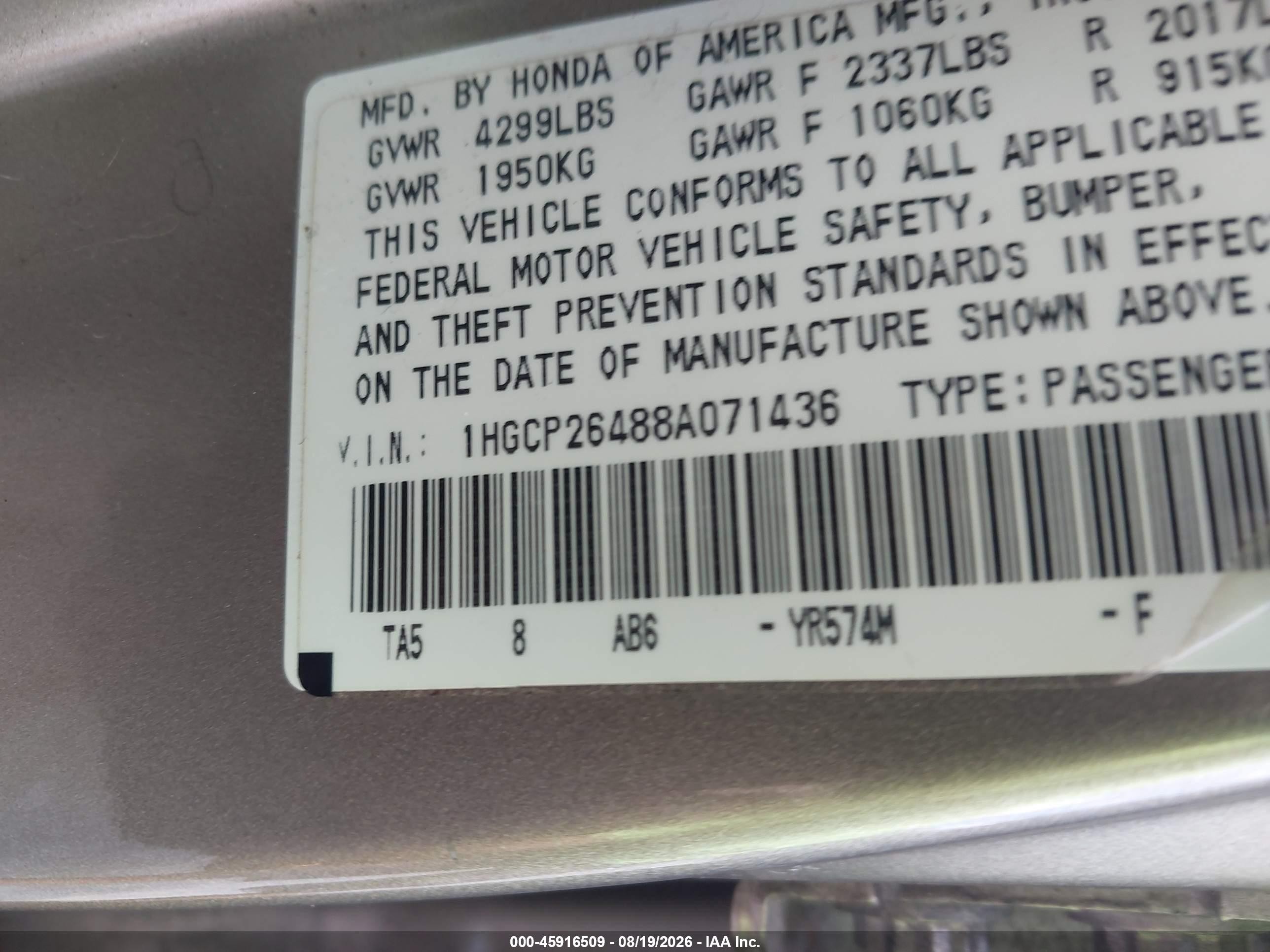 2008 Honda Accord 2.4 Lx-p Gold vin: 1HGCP26488A071436