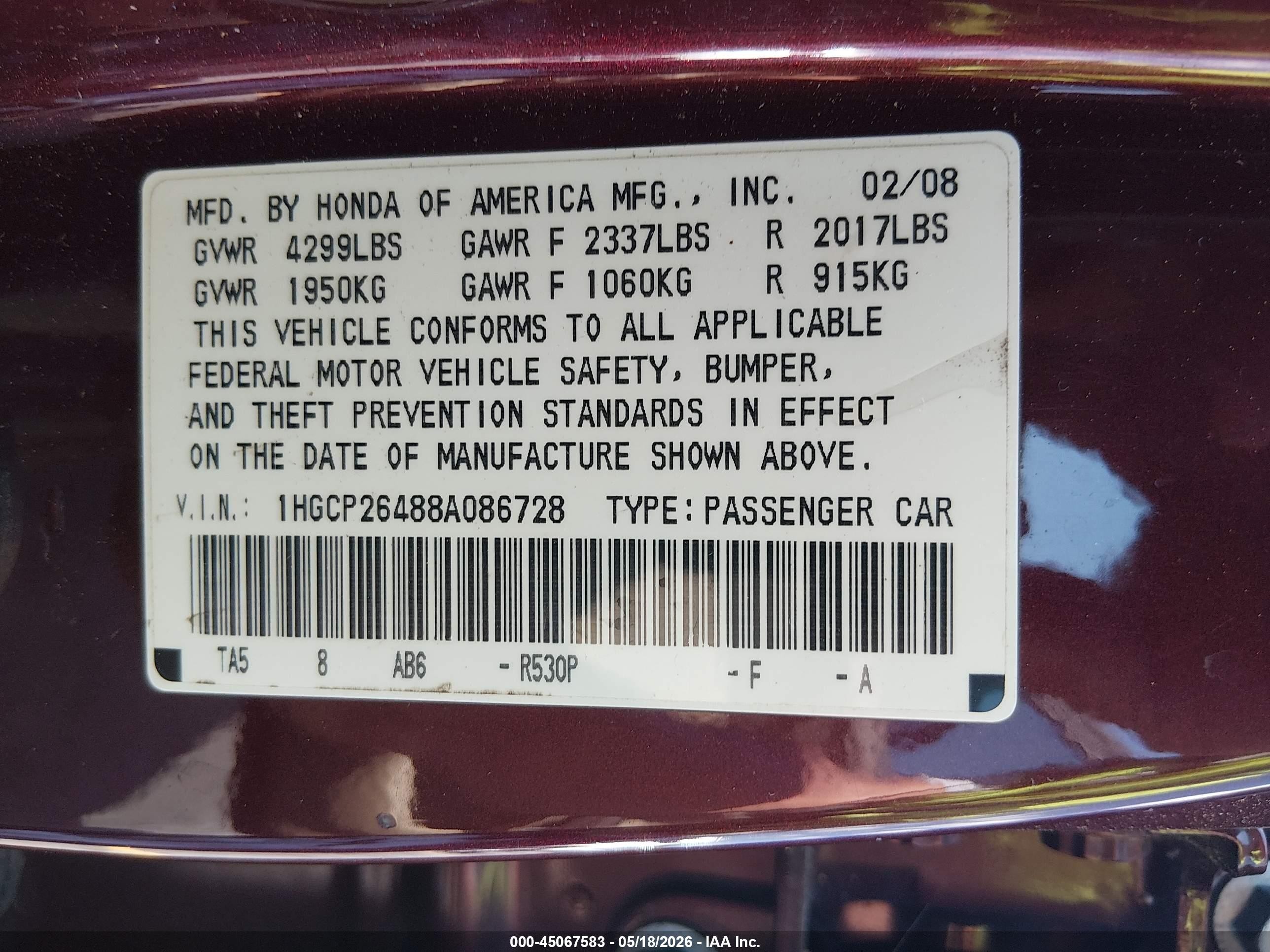 2008 Honda Accord 2.4 Lx-p Red vin: 1HGCP26488A086728