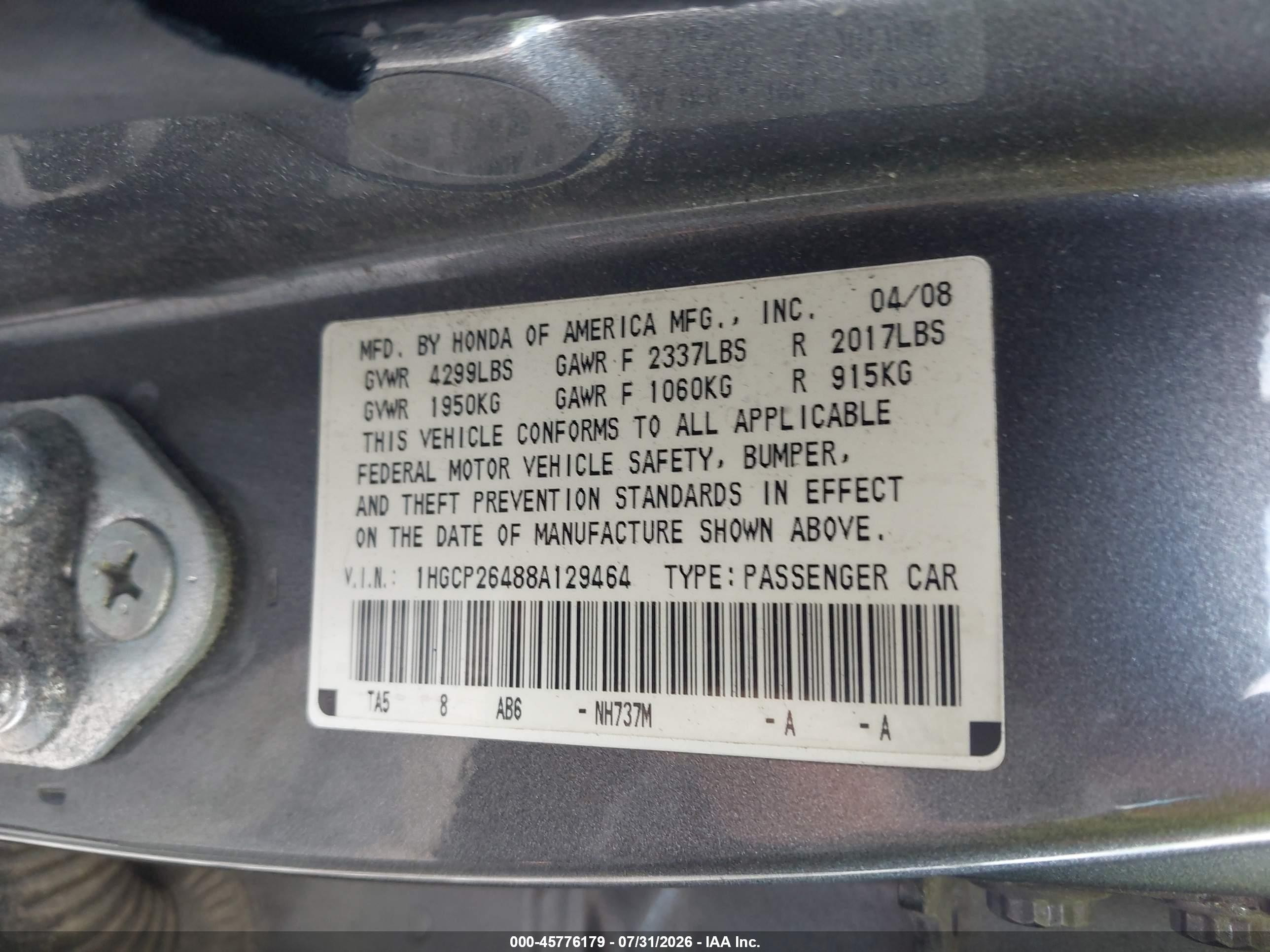 2008 Honda Accord 2.4 Lx-p Gray vin: 1HGCP26488A129464