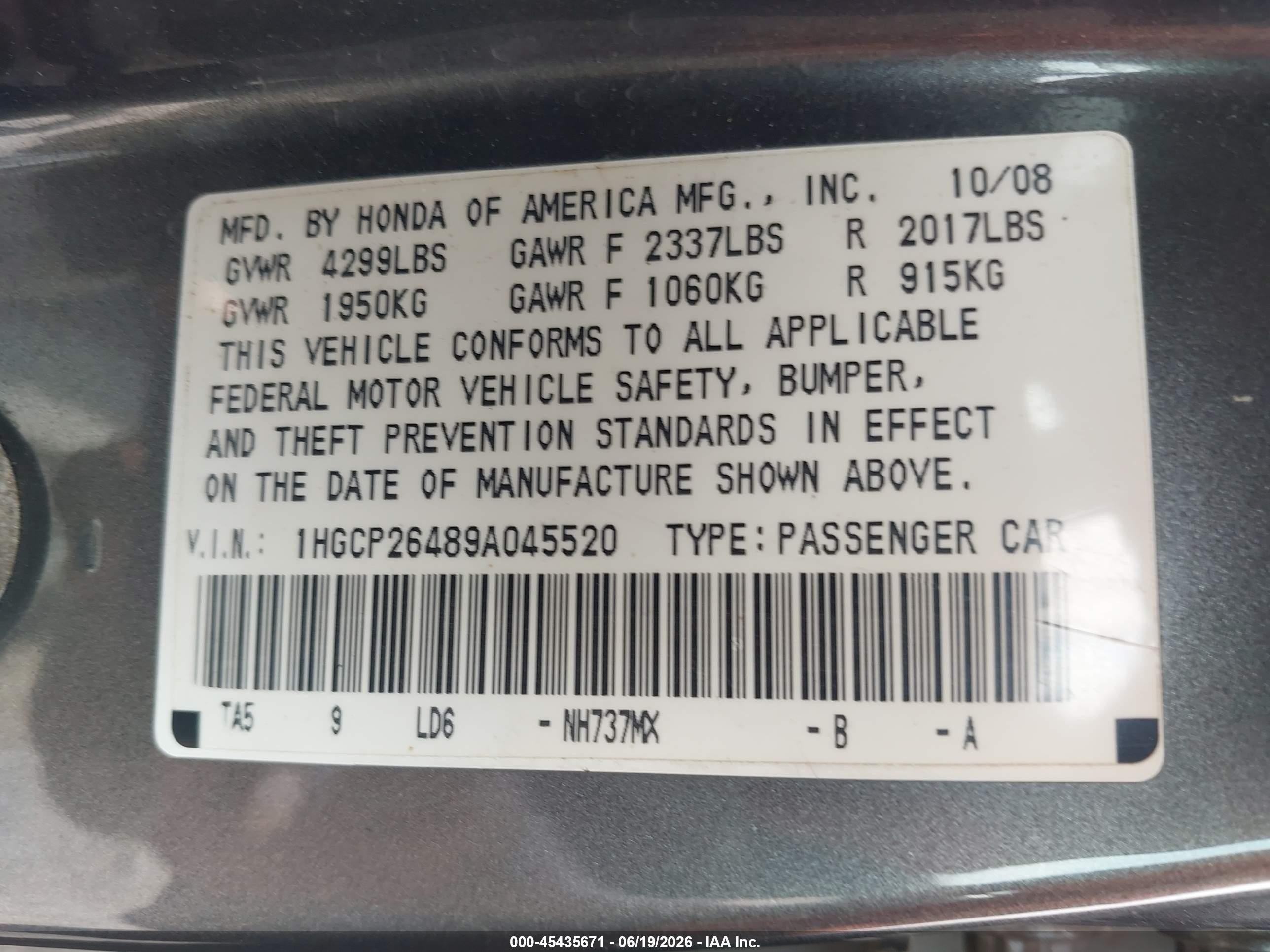 2009 Honda Accord 2.4 Lx-p Gray vin: 1HGCP26489A045520