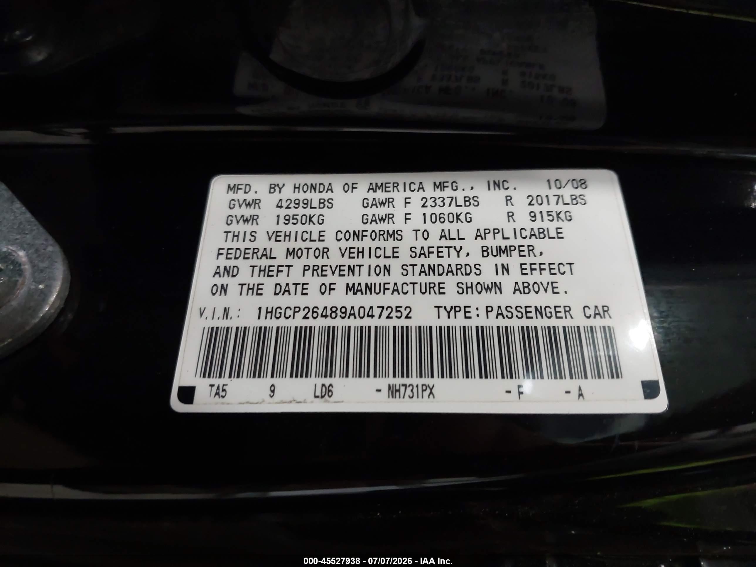 2009 Honda Accord 2.4 Lx-p Black vin: 1HGCP26489A047252