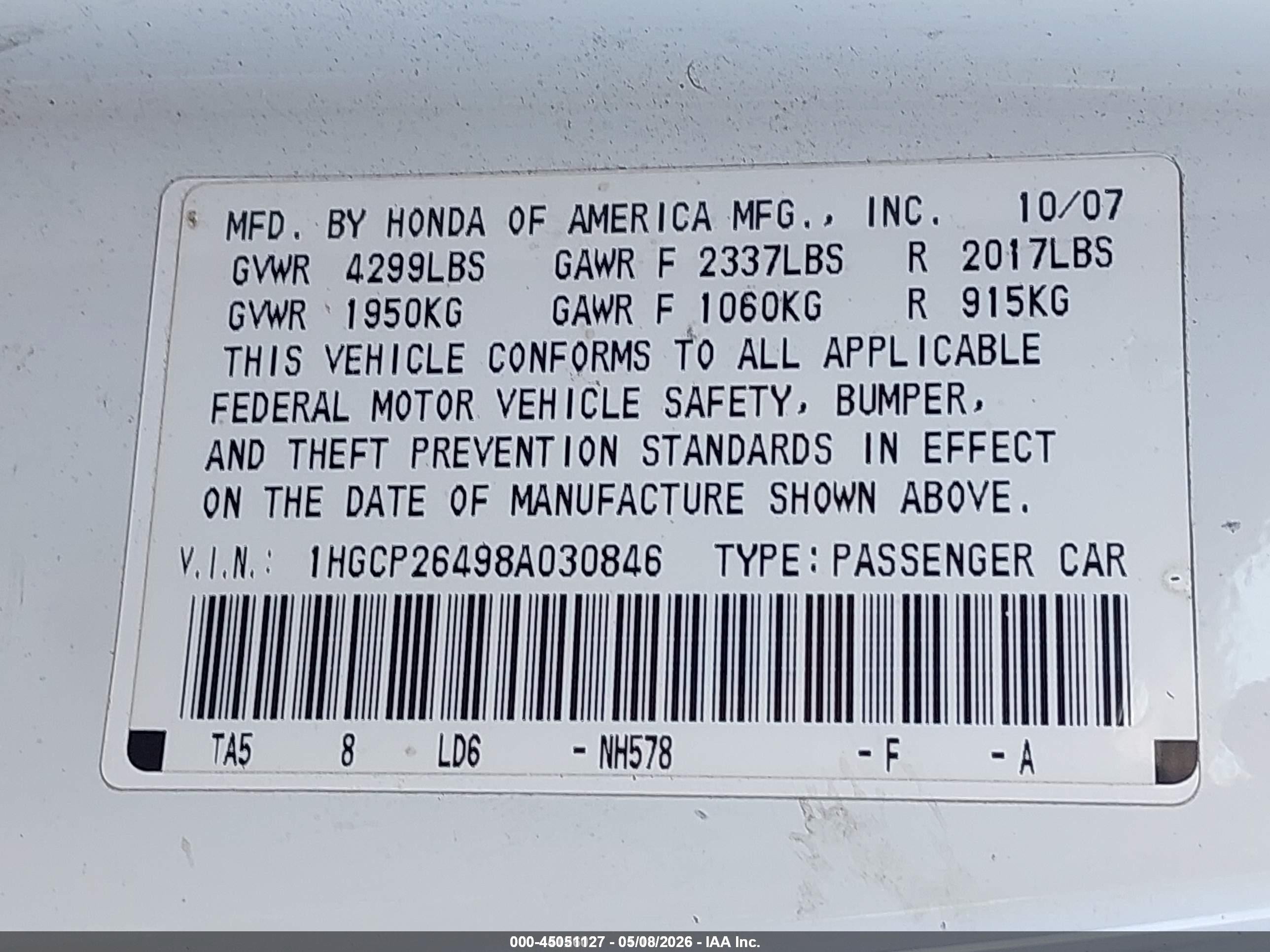 2008 Honda Accord 2.4 Lx-p White vin: 1HGCP26498A030846