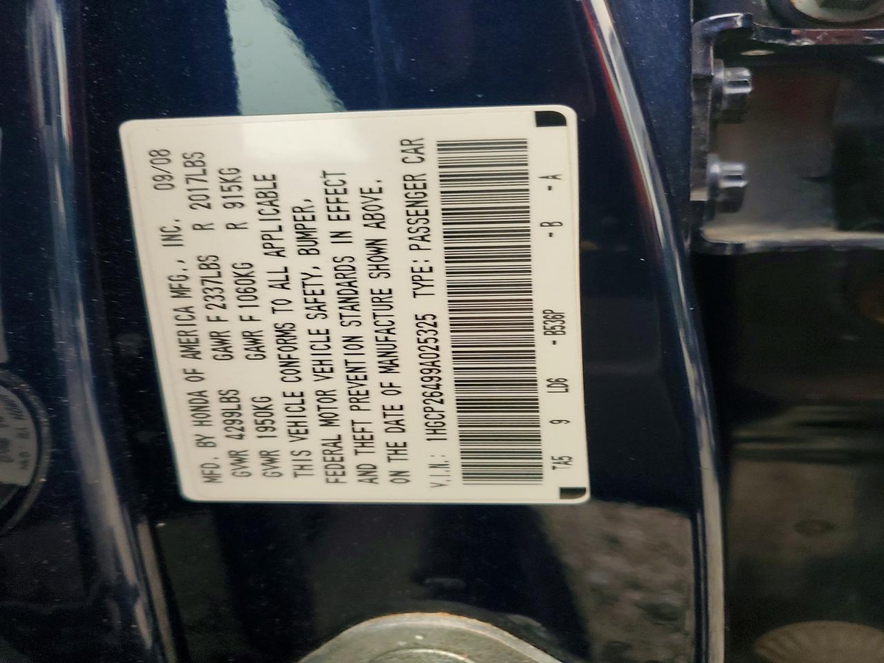 2009 Honda Accord Lxp Blue vin: 1HGCP26499A025325