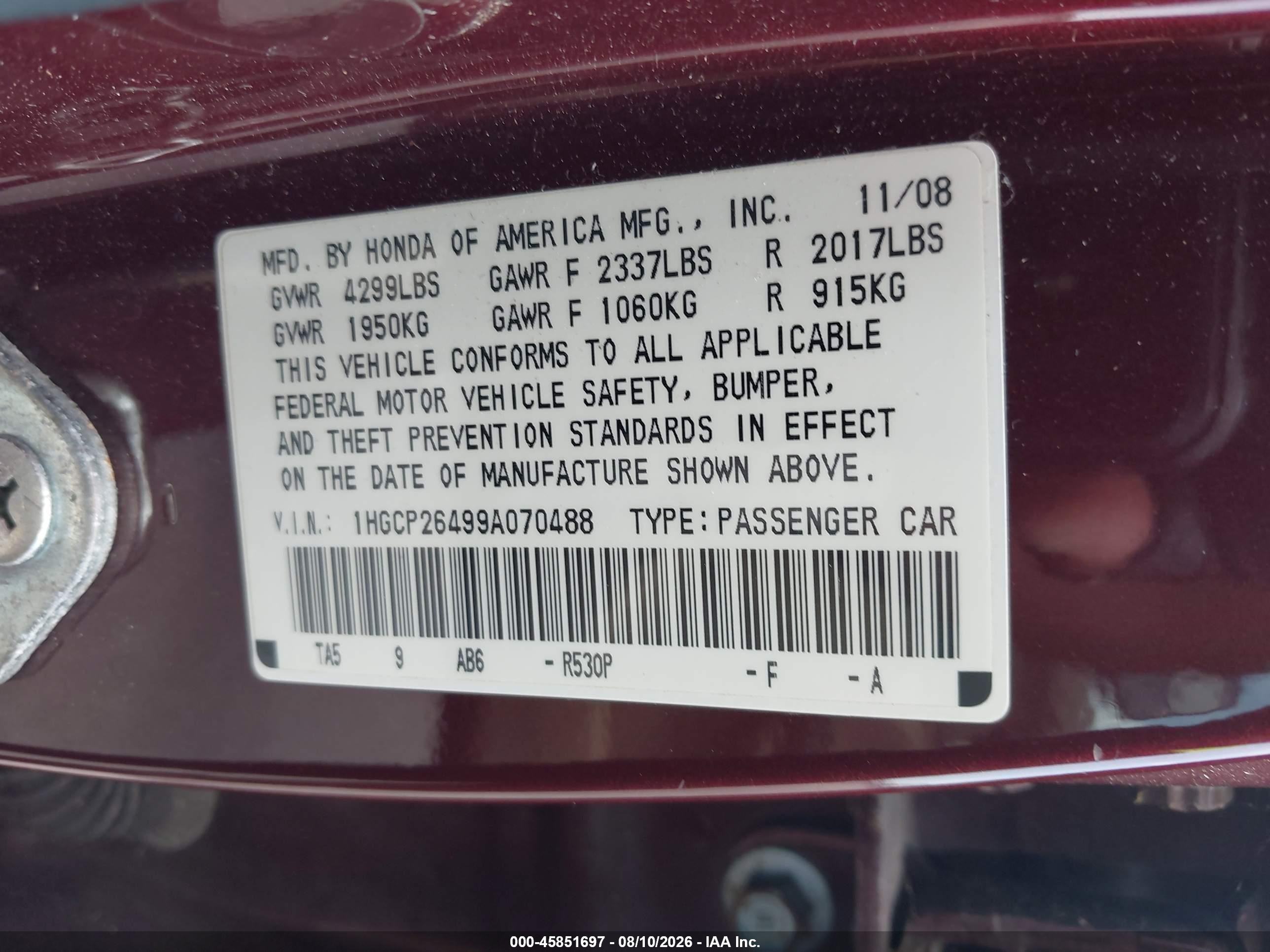 2009 Honda Accord 2.4 Lx-p Maroon vin: 1HGCP26499A070488